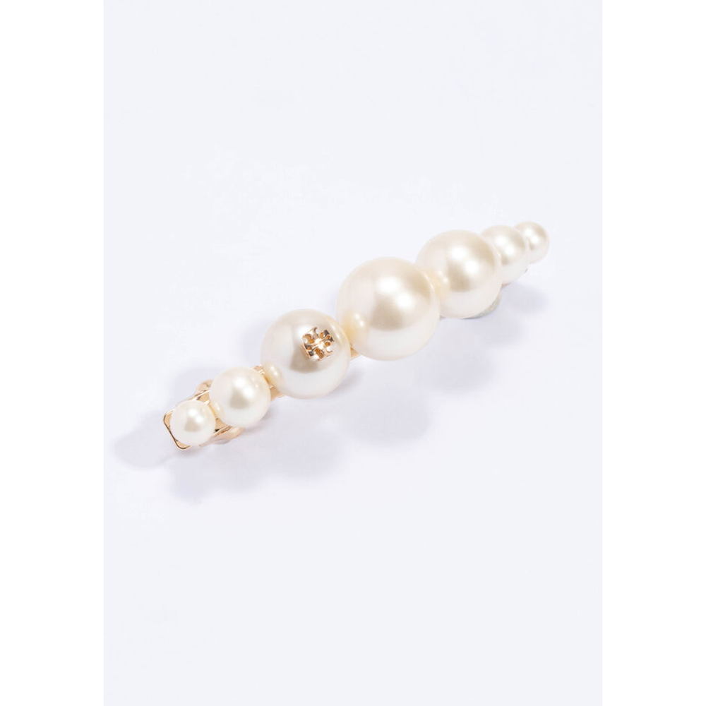 Pre Owned Tory Burch Gold Logo Pearl Hair Clip