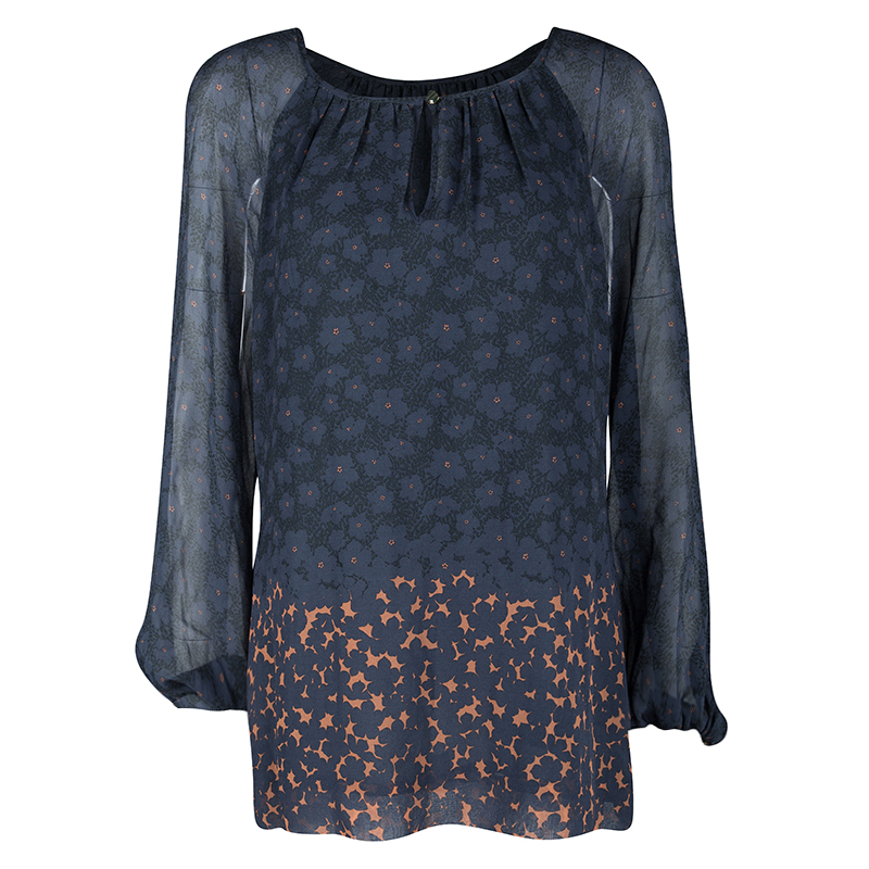 Pre Owned Tory Burch Timberwolf Blue Printed Silk Long Sleeve Fairmont Border Lisa Blouse M