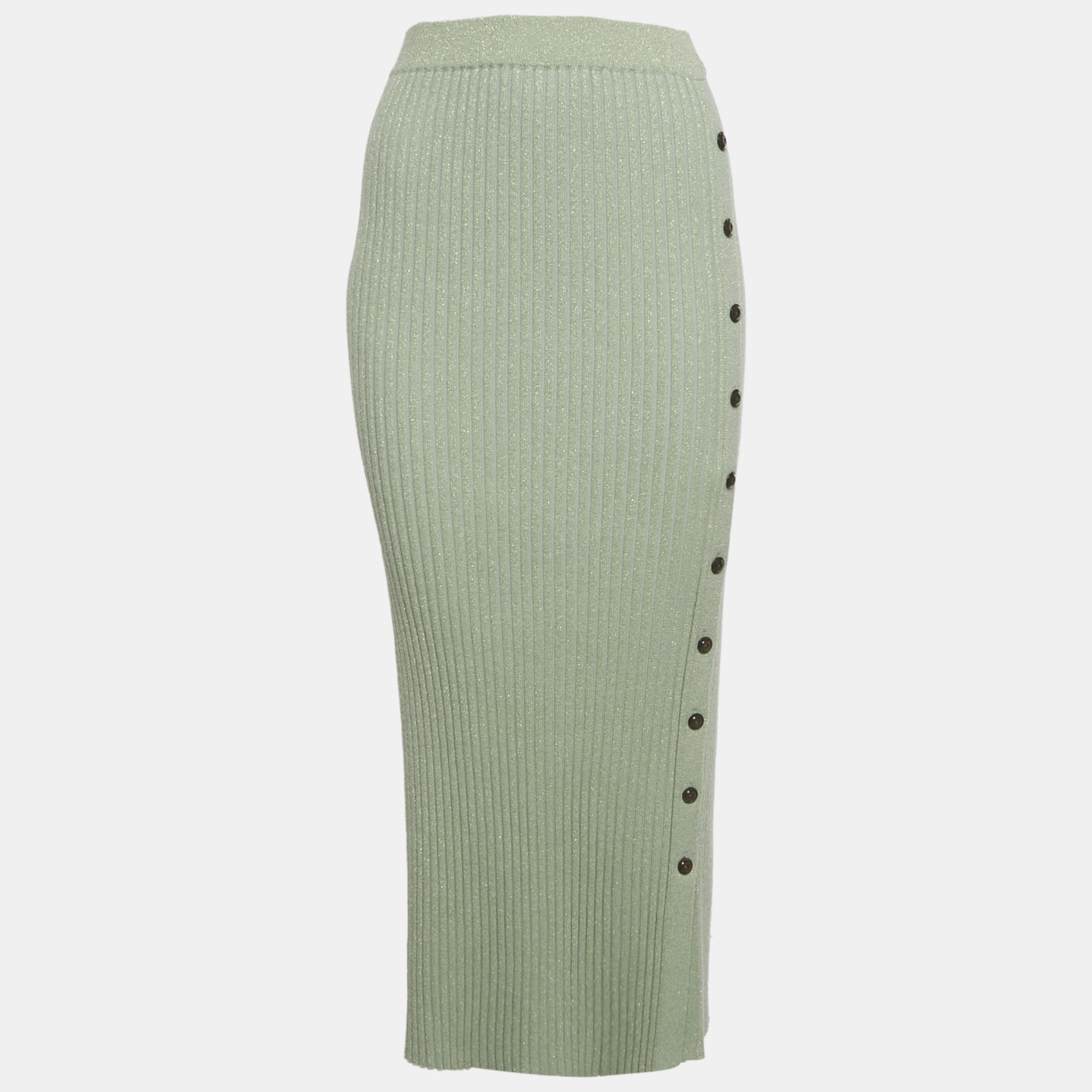 Pre-owned Tory Burch Green Lurex Rib Knit Midi Skirt L