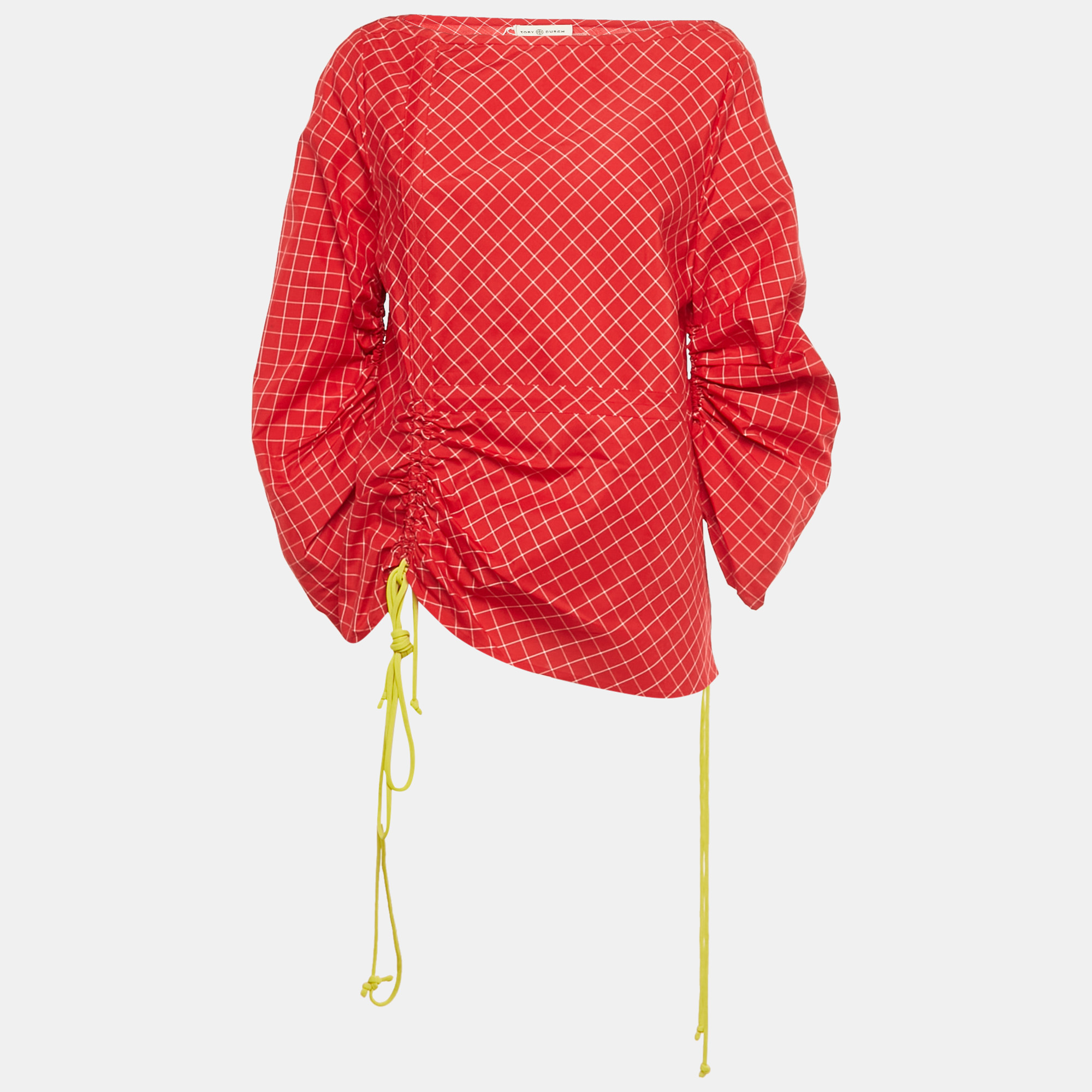 Pre-owned Tory Burch Red Windowpane Silk Tunic Xl