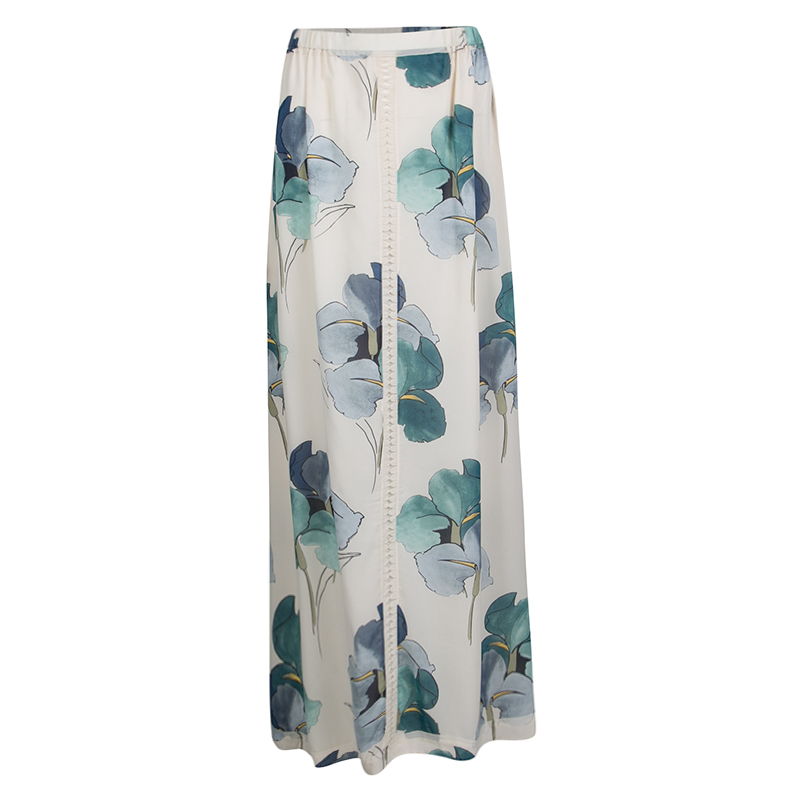 Pre Owned Tory Burch Off White Blooming Iris Printed Silk Kendra Maxi Skirt M