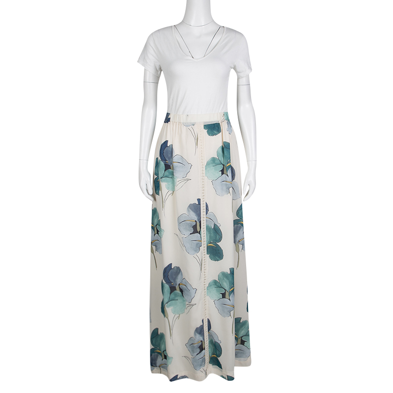 

Tory Burch Off White Blooming Iris Printed Silk Kendra Maxi Skirt