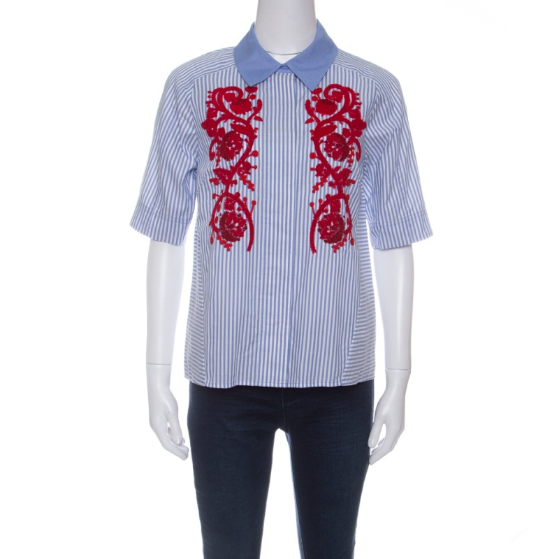 Tory Burch Blue and White Striped Contrast Embroidered Emily Shirt M