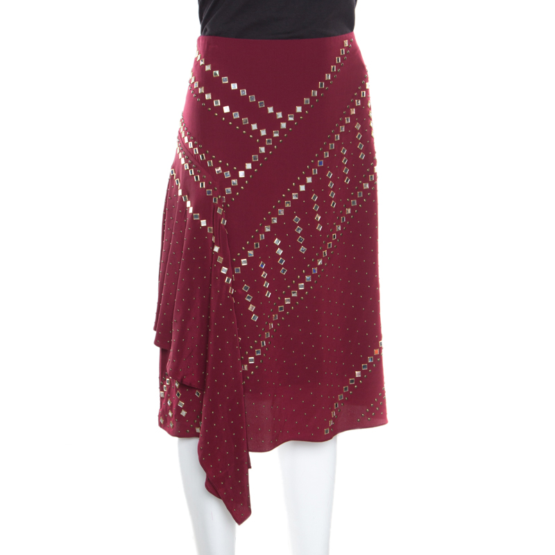 

Tory Burch Red Agate Embellished Silk Draped Skirt