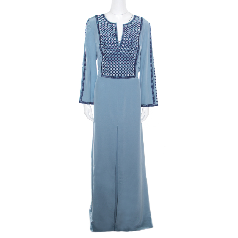 Tory Burch Rainfall Blue Embroidered Crepe Silk Kaftan Maxi Dress XL
