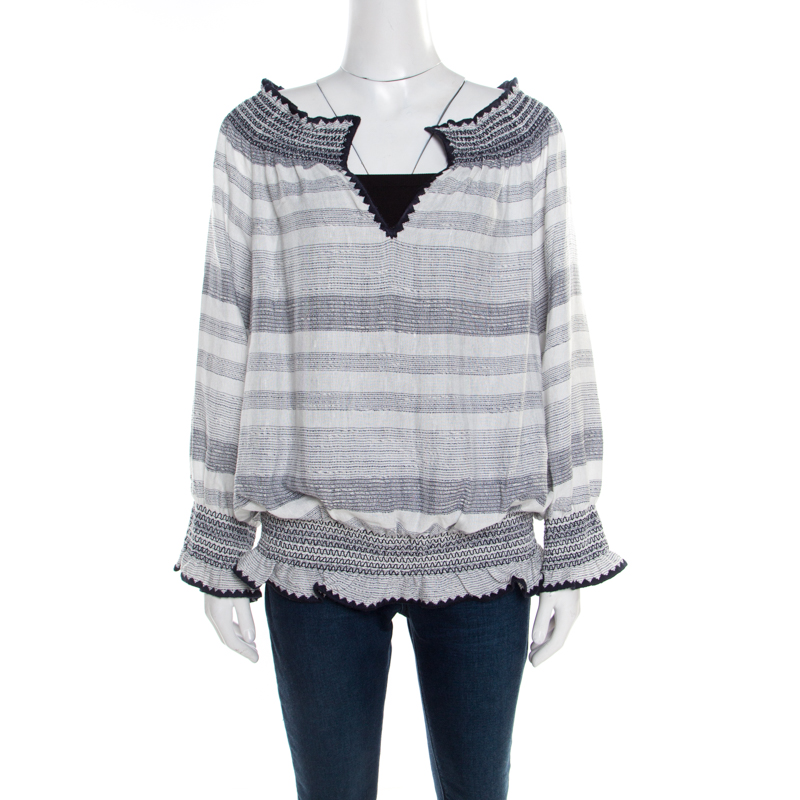 Pre Owned Tory Burch Blue Slubbed Linen Blend Kristen Top XL