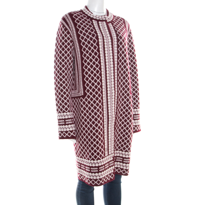 

Tory Burch Red and White Patterned Jacquard Merino Wool Long Cardigan