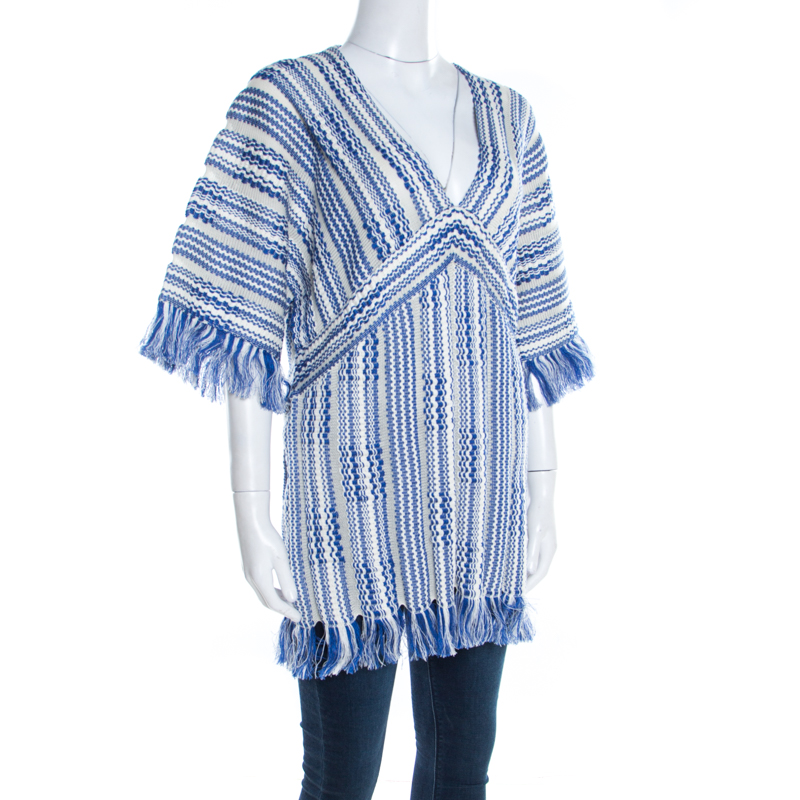 

Tory Burch Blue and White Textured Linen and Cotton Fringed Gwen Tunic