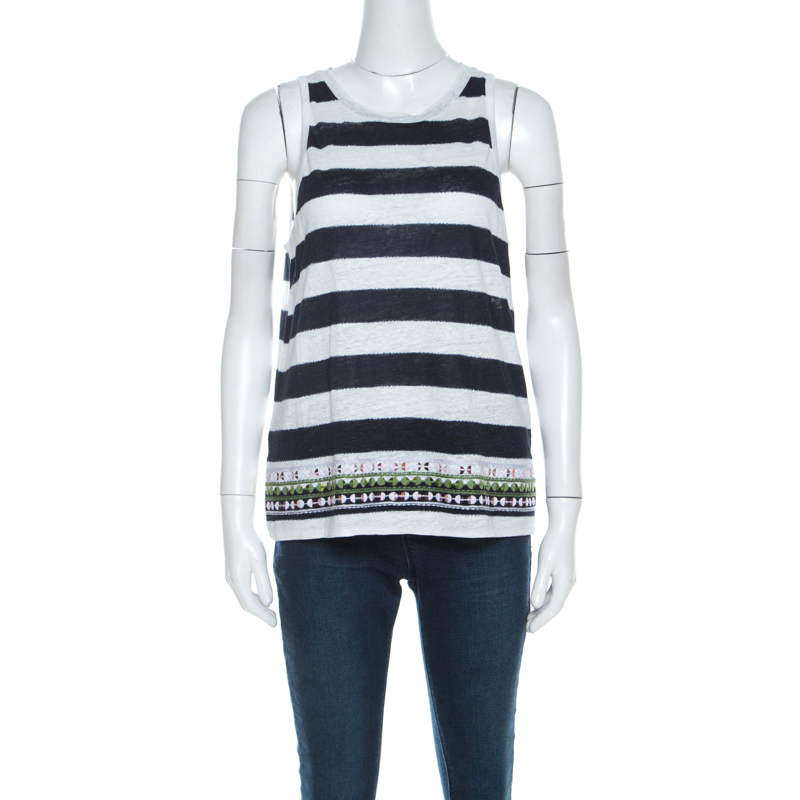 Pre Owned Tory Burch Navy Blue Brushed Stripe Linen Sequined Jackie Tank Top M