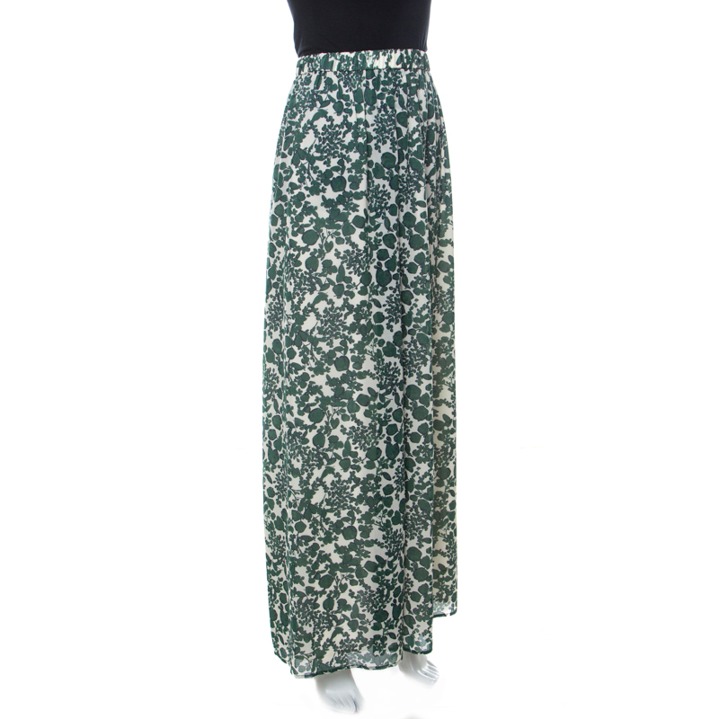 

Tory Burch Off White and Green Vine Print Silk Blend Soraya Maxi Skirt