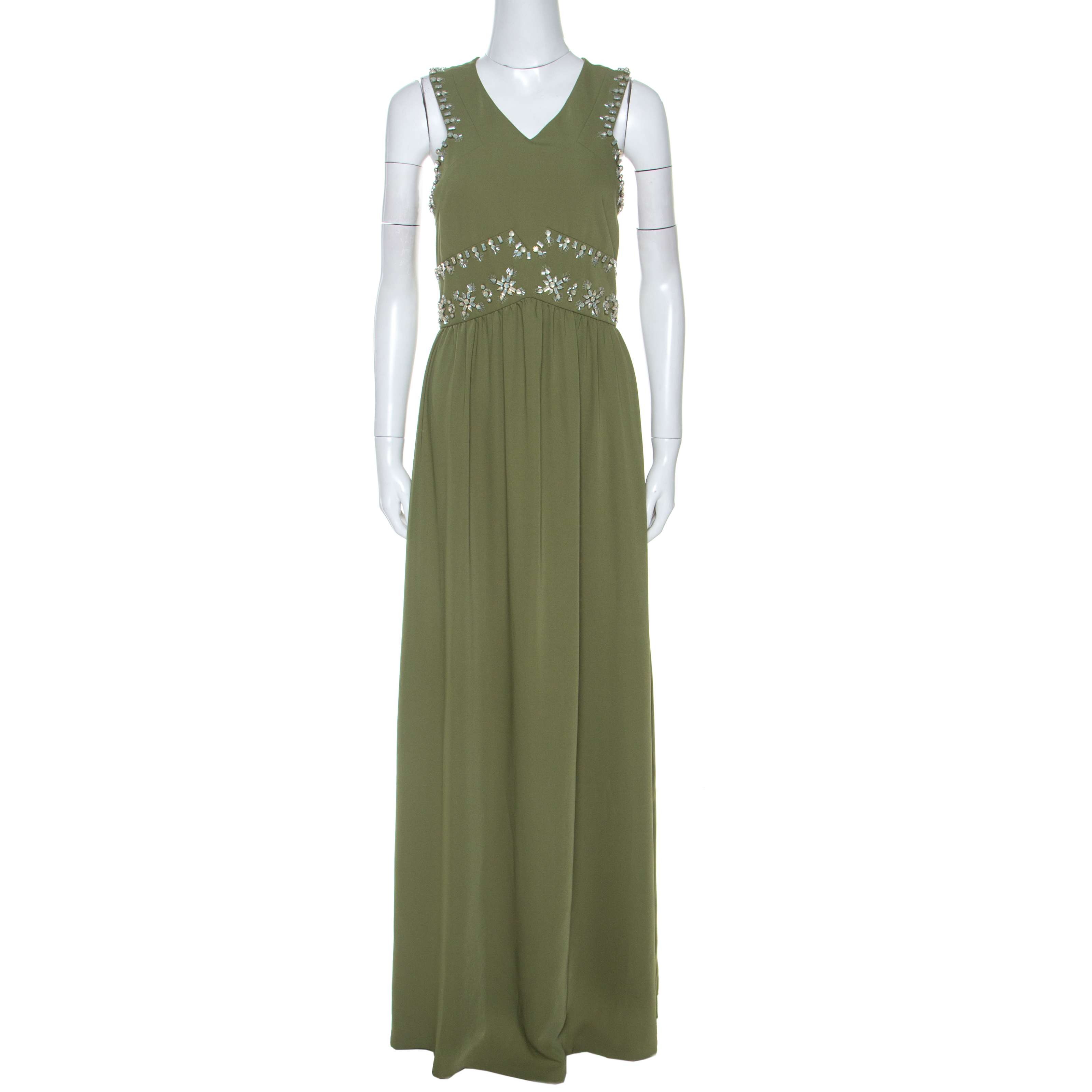 

Tory Burch Green Crepe Embellished Luisa Sleeveless Gown