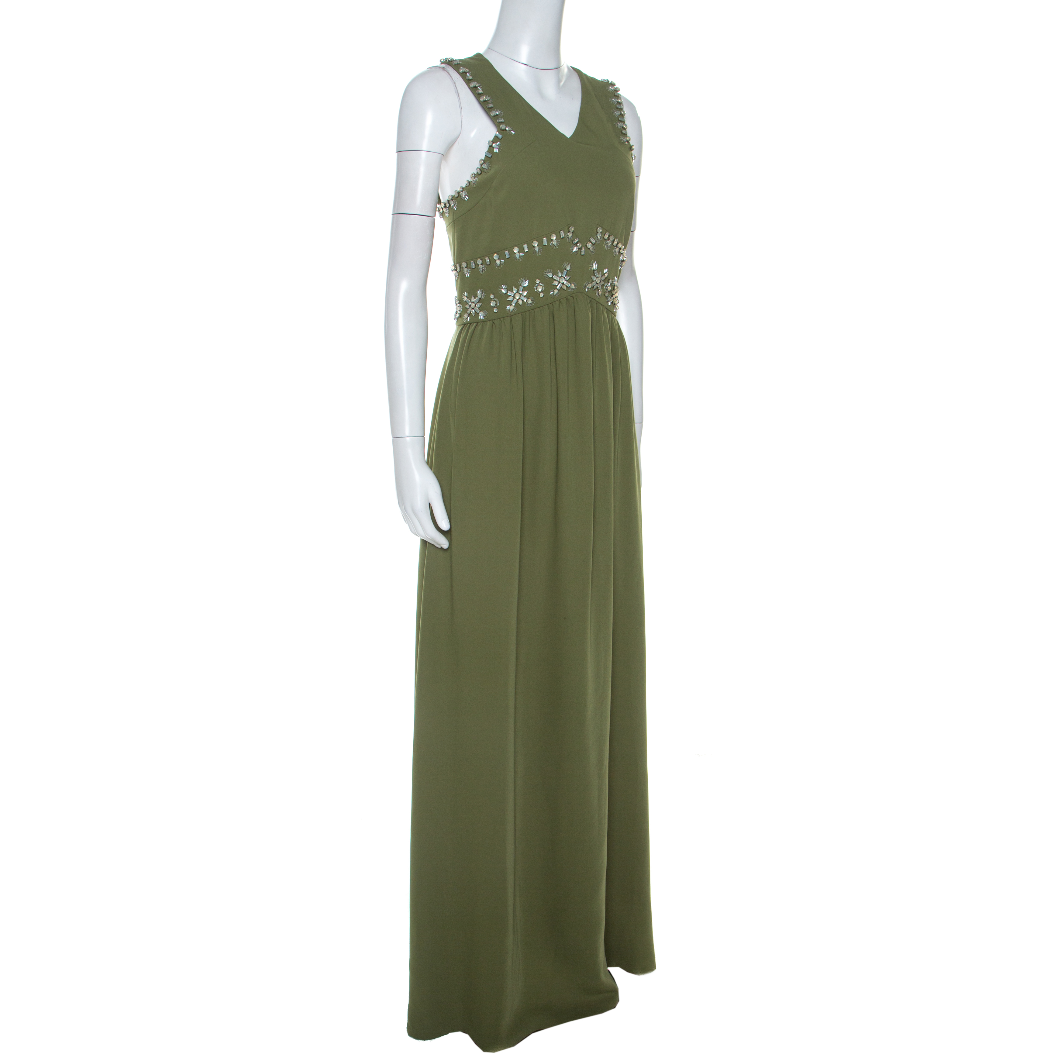 Pre-owned Tory Burch Green Crepe Embellished Luisa Sleeveless Gown M