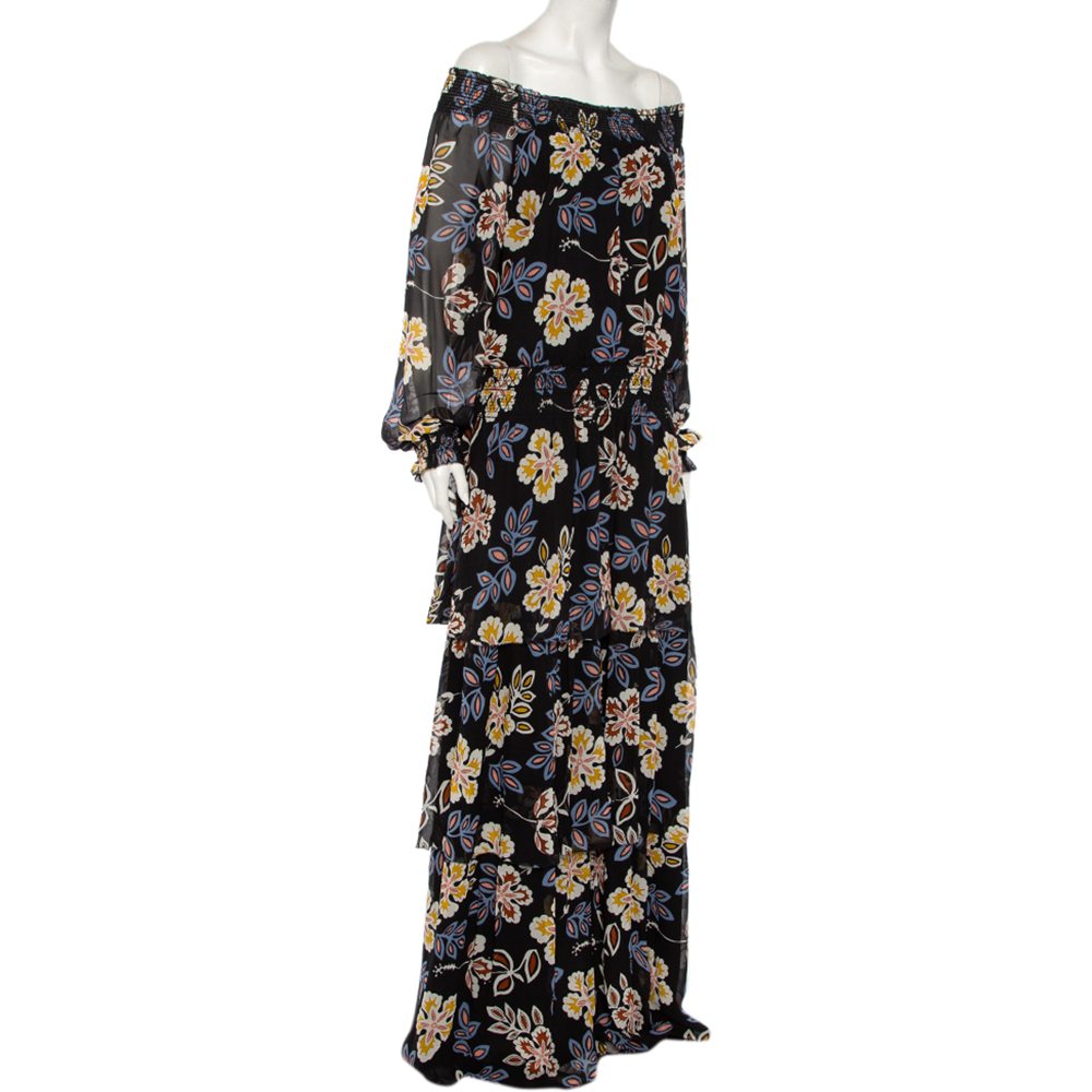 

Tory Burch Black Floral Print Silk Off-Shoulder Hopewell Indie Maxi Dress