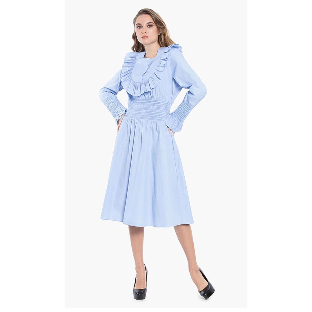 Pre Owned Tory Burch Blue Smocked Cotton Dress L (US 10)