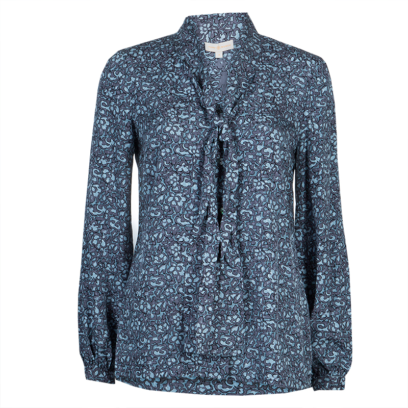 Pre Owned Tory Burch Blue Floral Printed Silk Long Sleeve Nicki Bow Blouse S