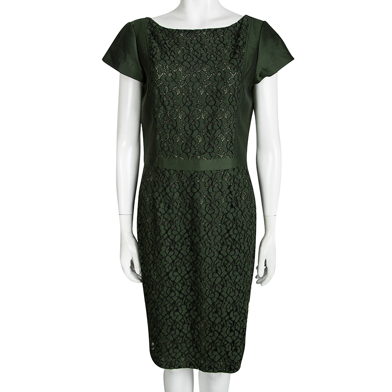 

Tory Burch Green Floral Lace Insert Cap Sleeve Mariana Sheath Dress