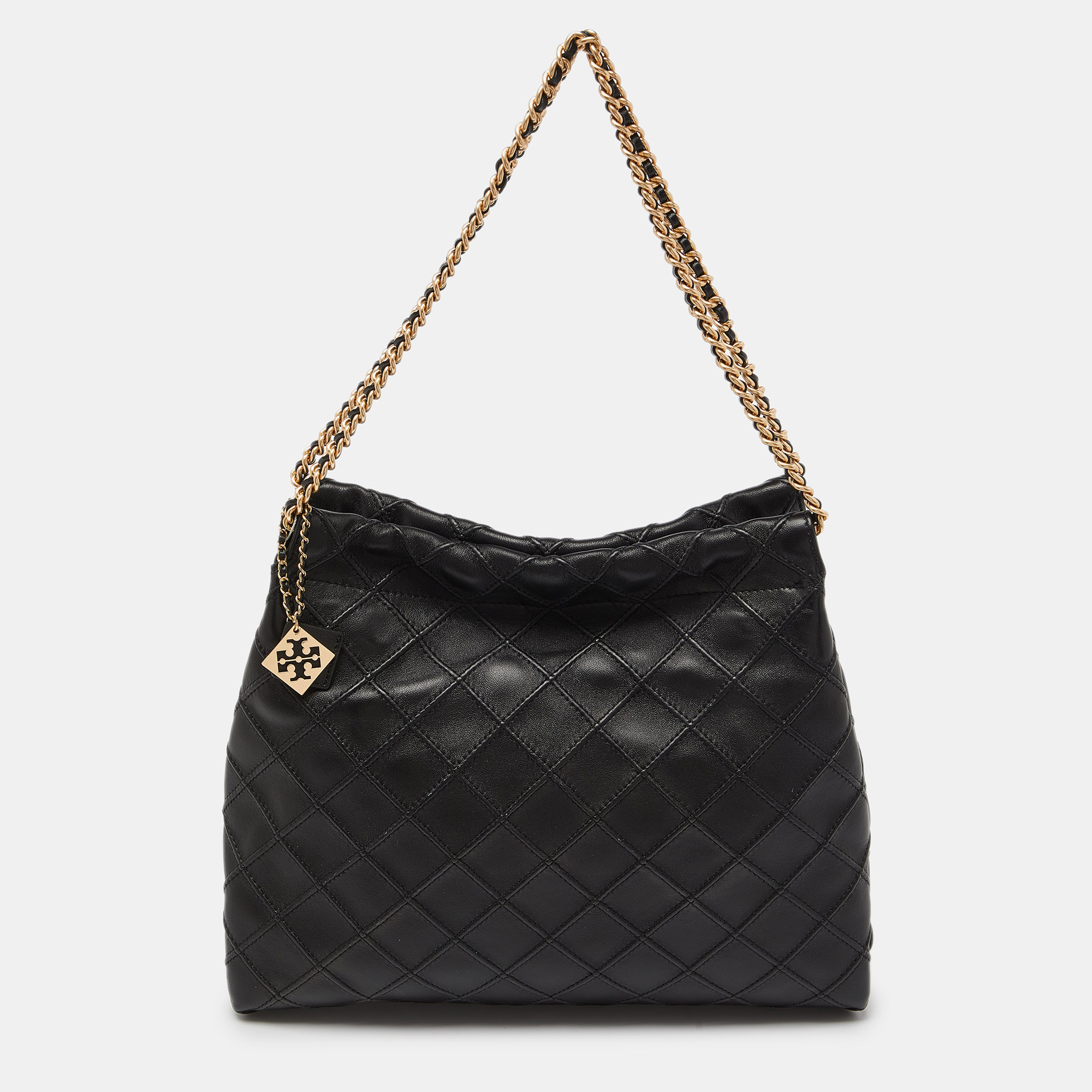 

Tory Burch Black Quilted Leather Fleming Drawstring Hobo