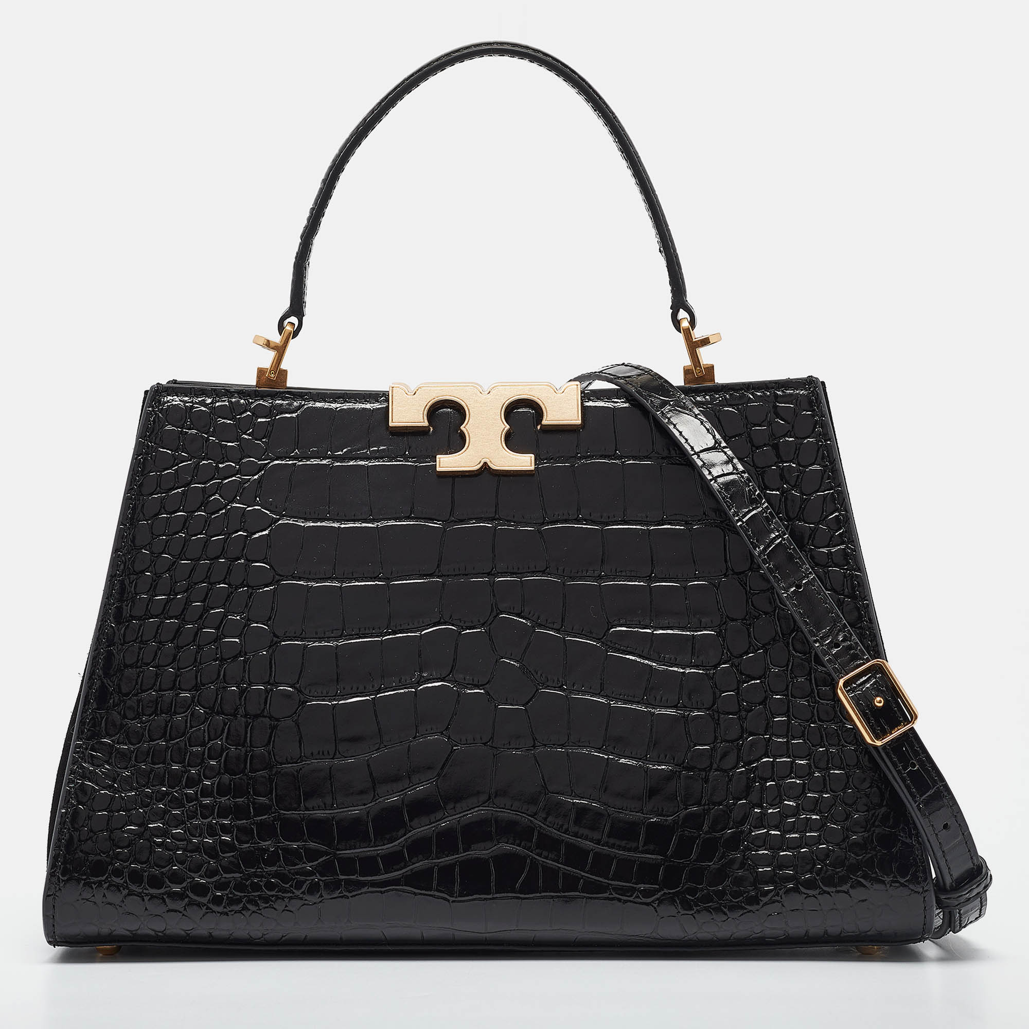 

Tory Burch Black Croc Embossed Leather Eleanor Top Handle Bag