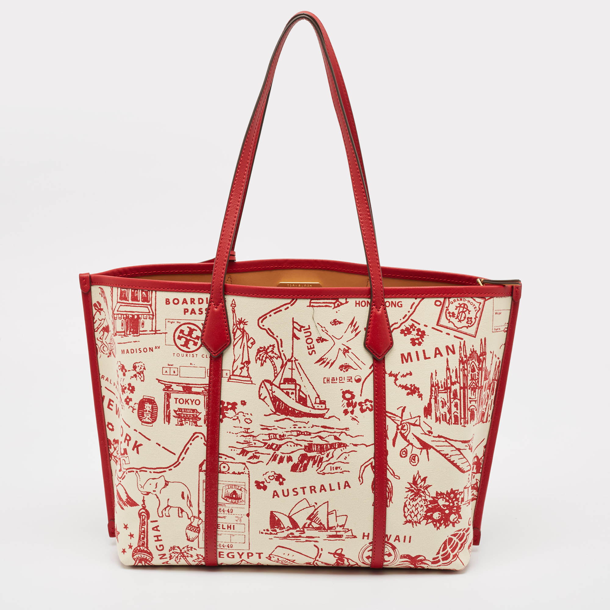 Pre-owned Tory Burch Red Fabric And Leather Printed Perry Tote