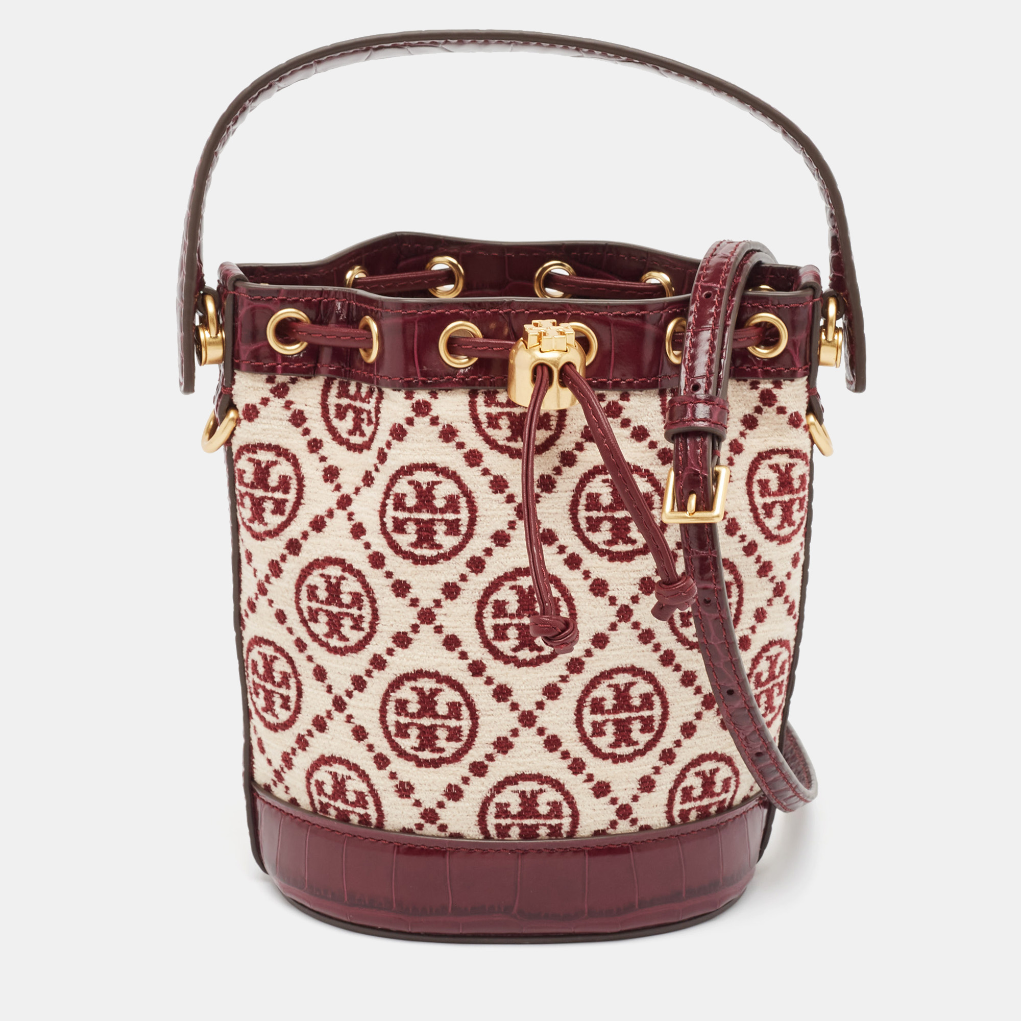 

Tory Burch Claret/New Cream T Monoram Fabric Mini Chenille Bucket Bag, Burgundy