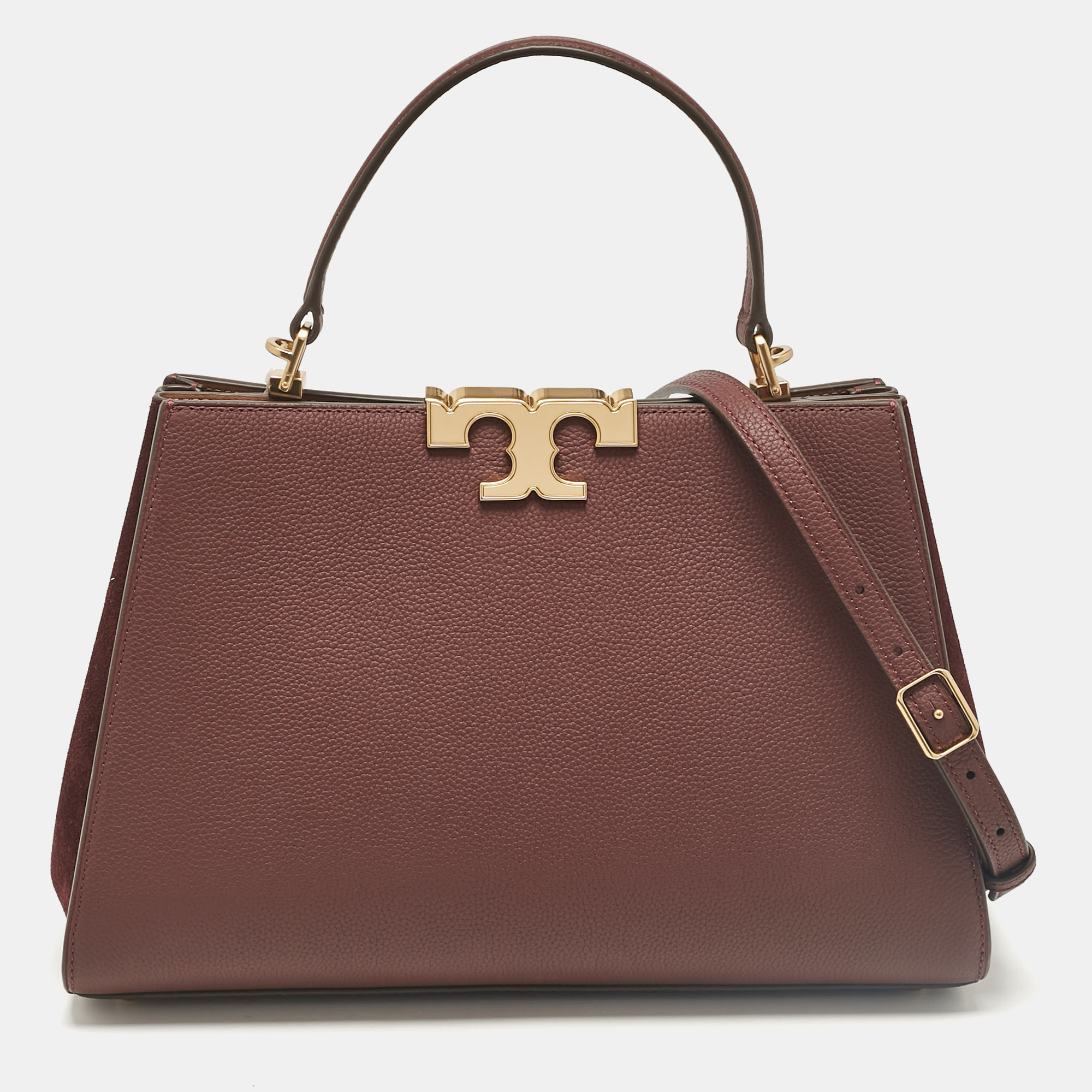 

Tory Burch Burgundy Leather and Suede Eleanor Top Handle Bag