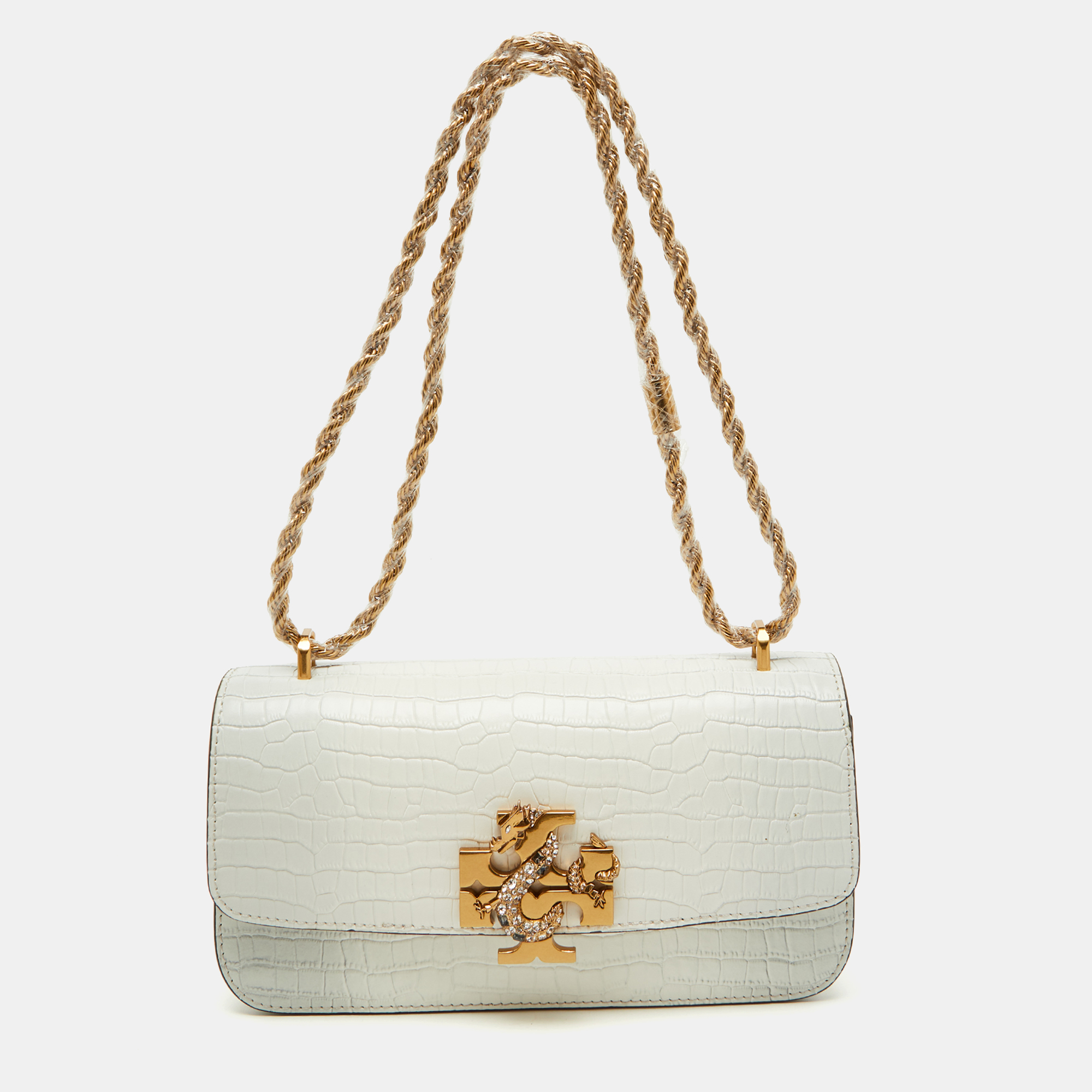 

Tory Burch White Croc Embossed Leather Eleanor Dragon Rectangular Shoulder Bag