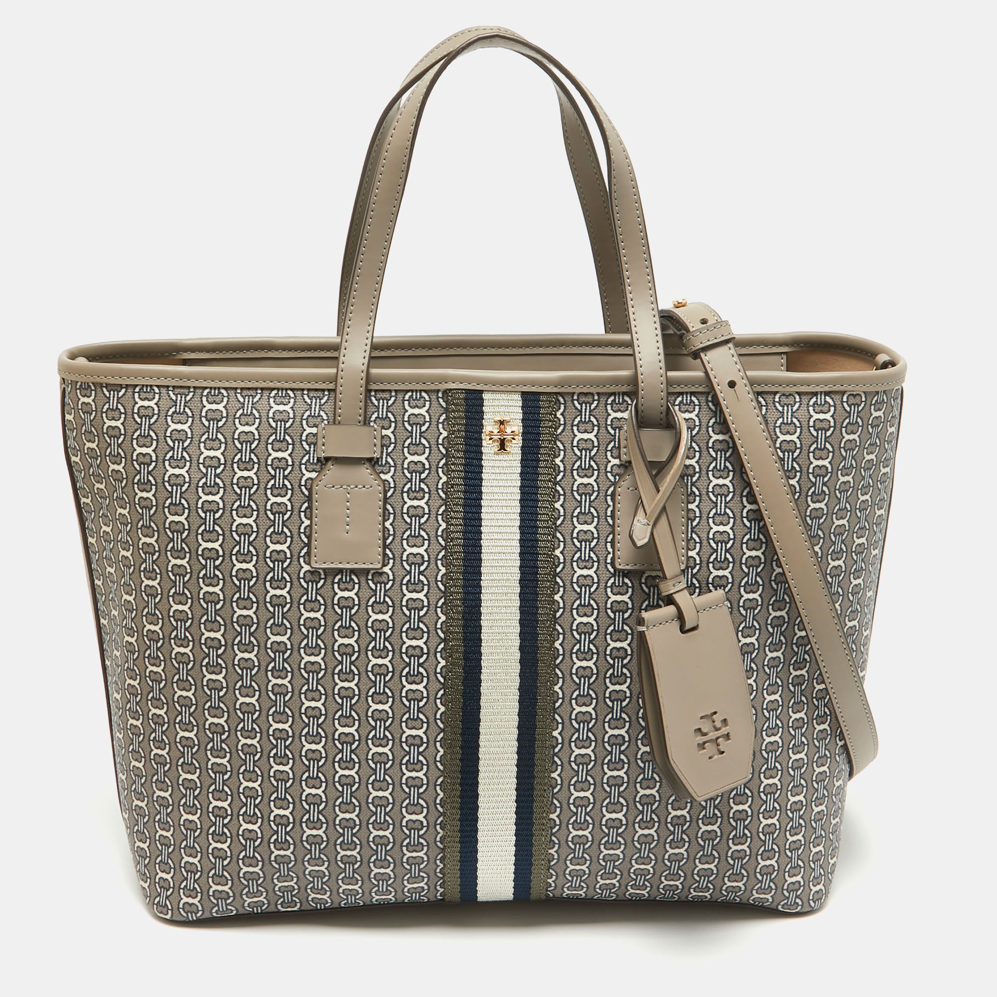 

Tory Burch Grey Coated Canvas and Leather Small Gemini Link Tote, Beige