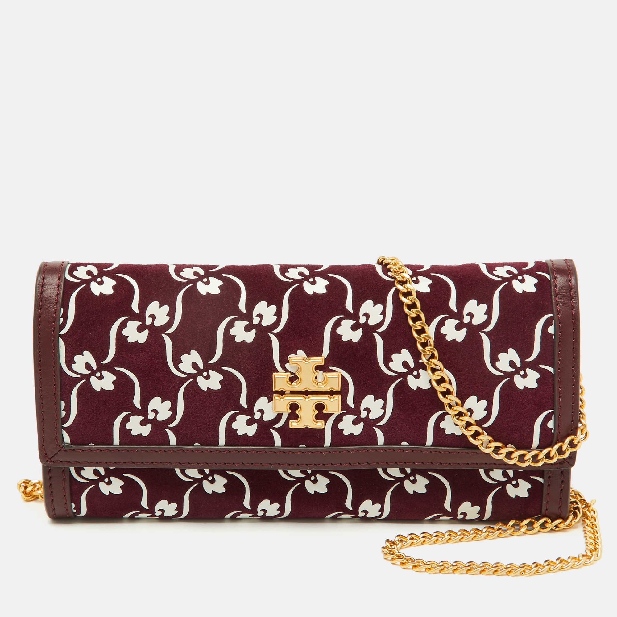 

Tory Burch Burgundy Suede and Leather Japanese Floral Wallet on Chain