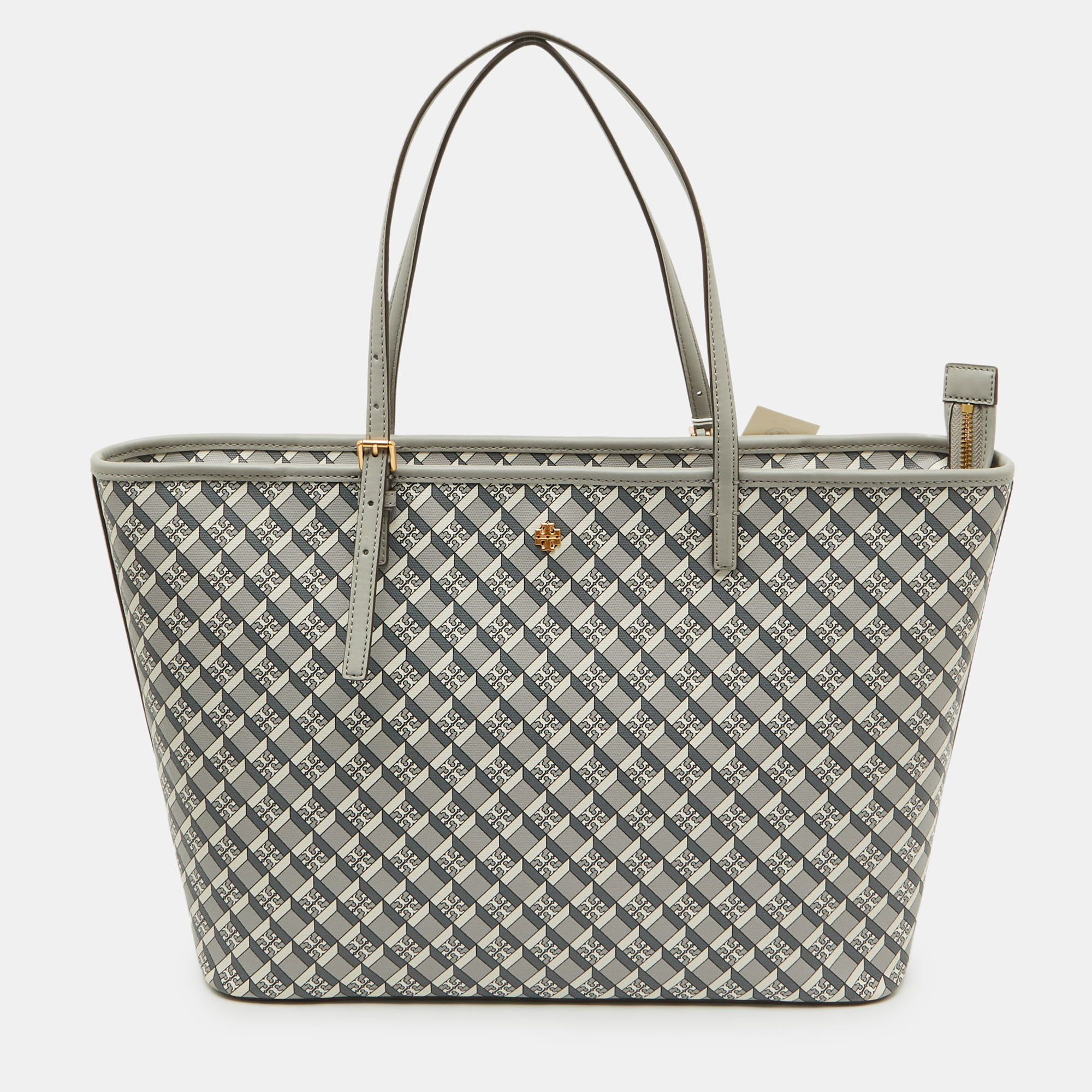 

Tory Burch Grey Coated Canvas and Leather Geo Logo Top Zip Tote