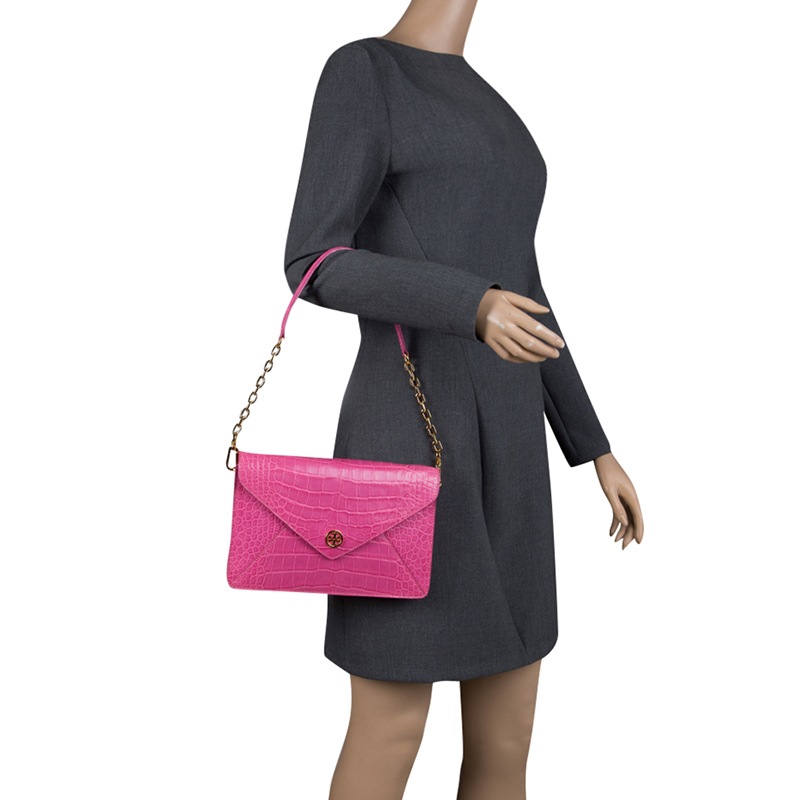 

Tory Burch Pink Croc Embossed Leather Shoulder Bag