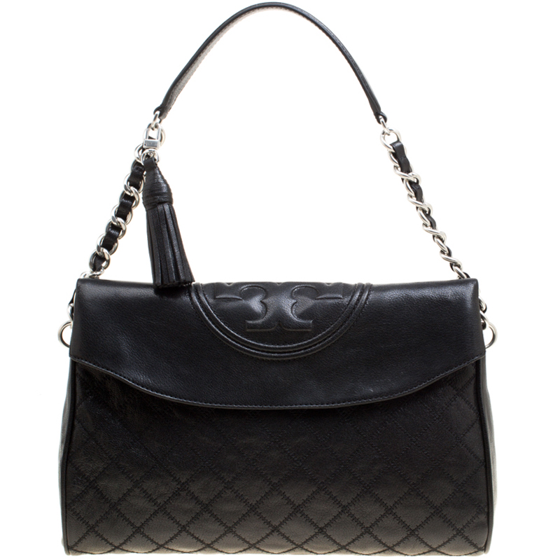 Tory Burch Black Distressed Leather Fleming Fold Over Hobo Tory Burch ...
