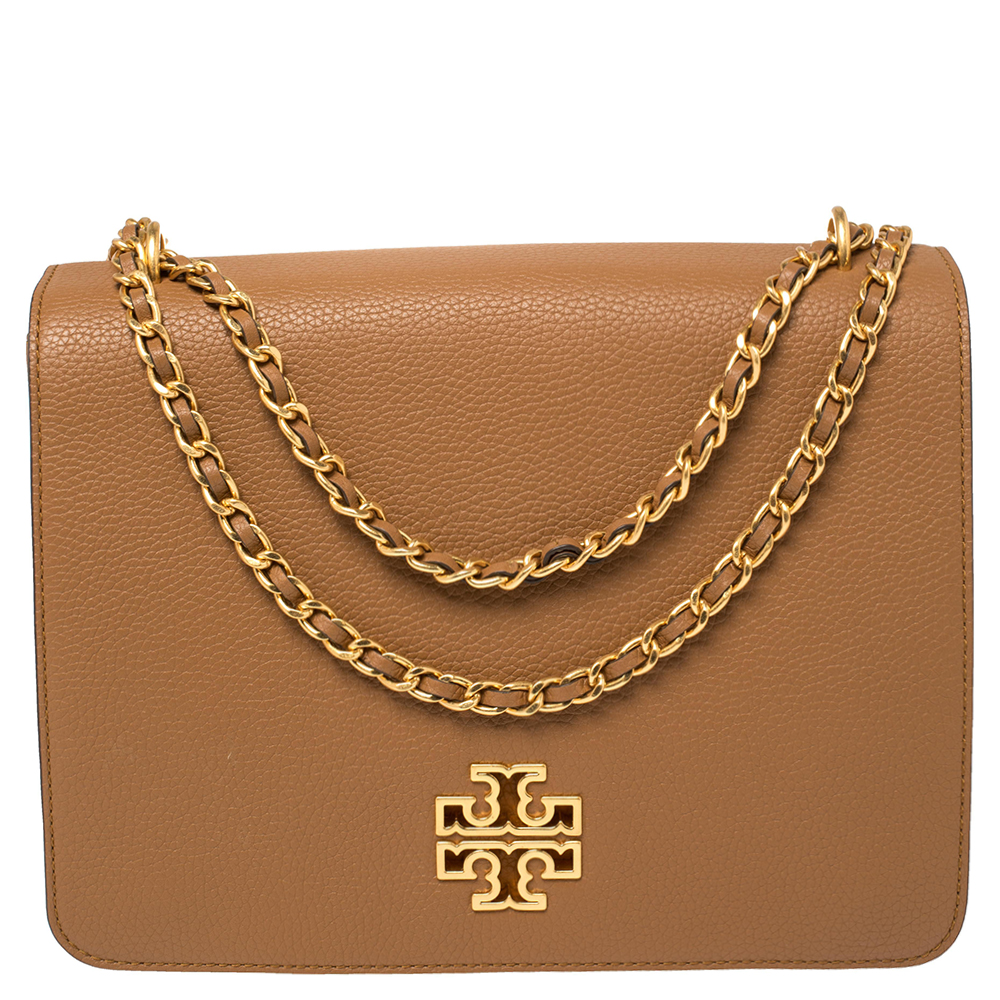 Shop Pre-owned Tory Burch Brown Leather Large Britten Flap Shoulder Bag