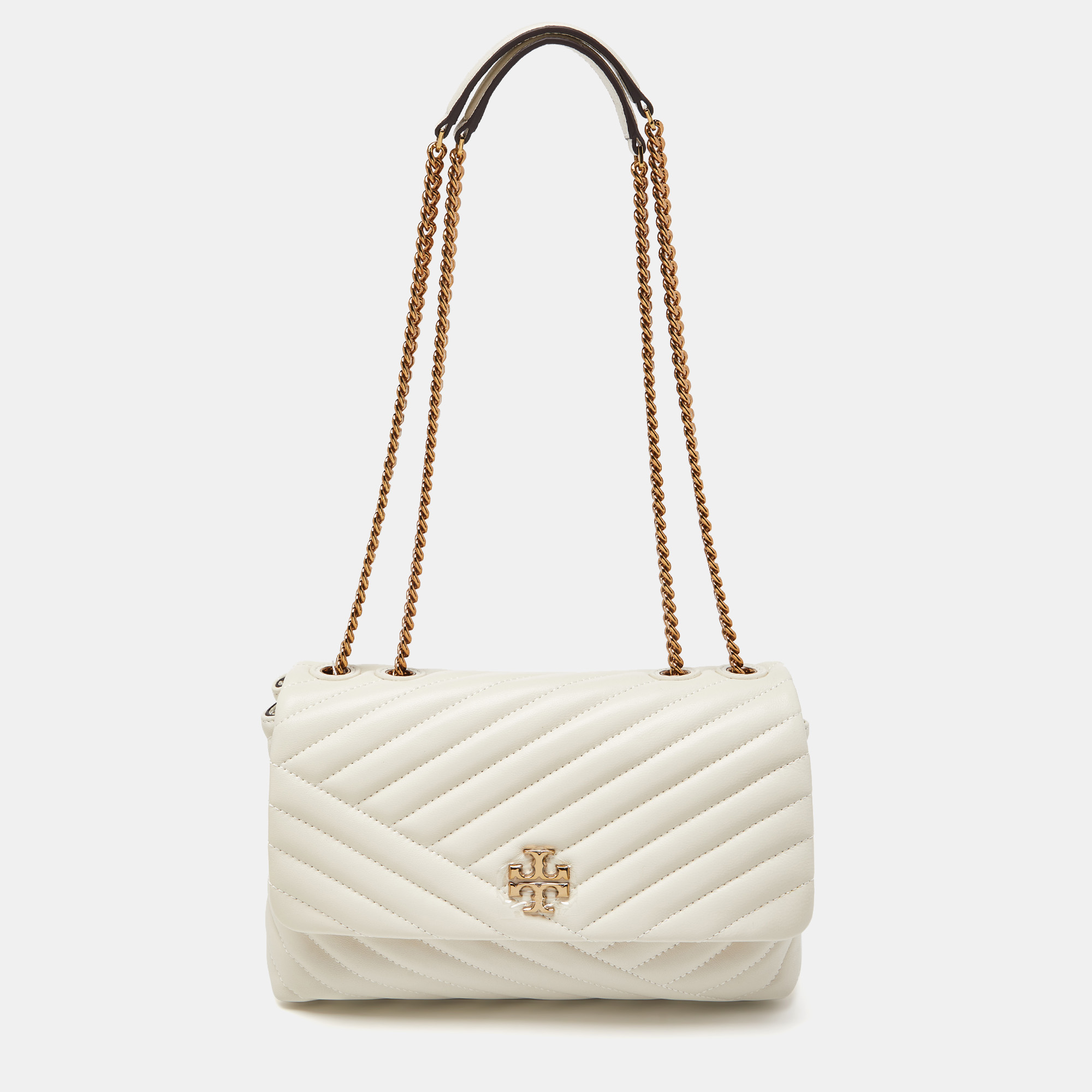 Pre Owned Tory Burch Off White  Chevron Leather Kira Flap Shoulder Bag
