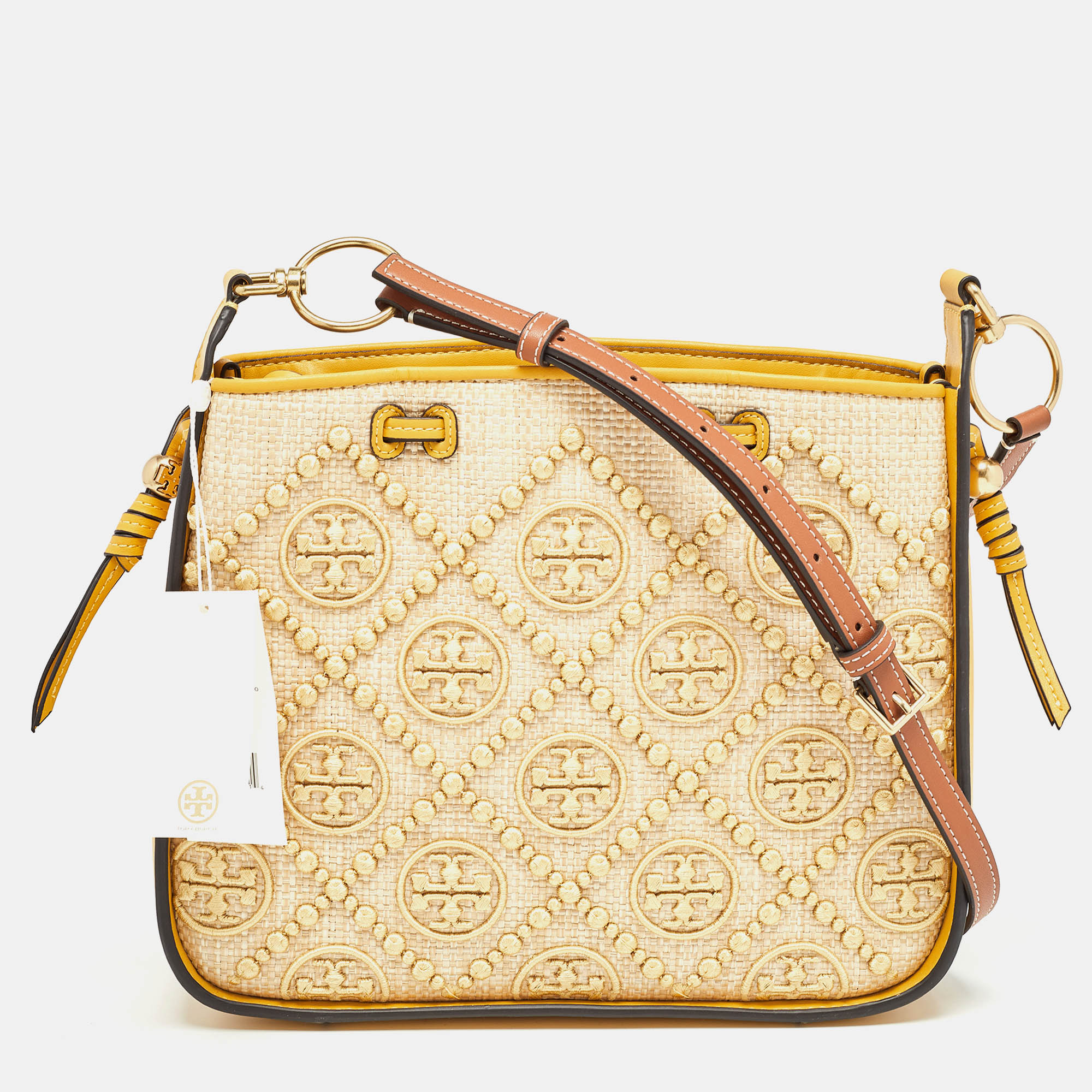 Pre-owned Tory Burch Mustard T Monogram Straw And Leather Bell Shoulder Bag In Yellow