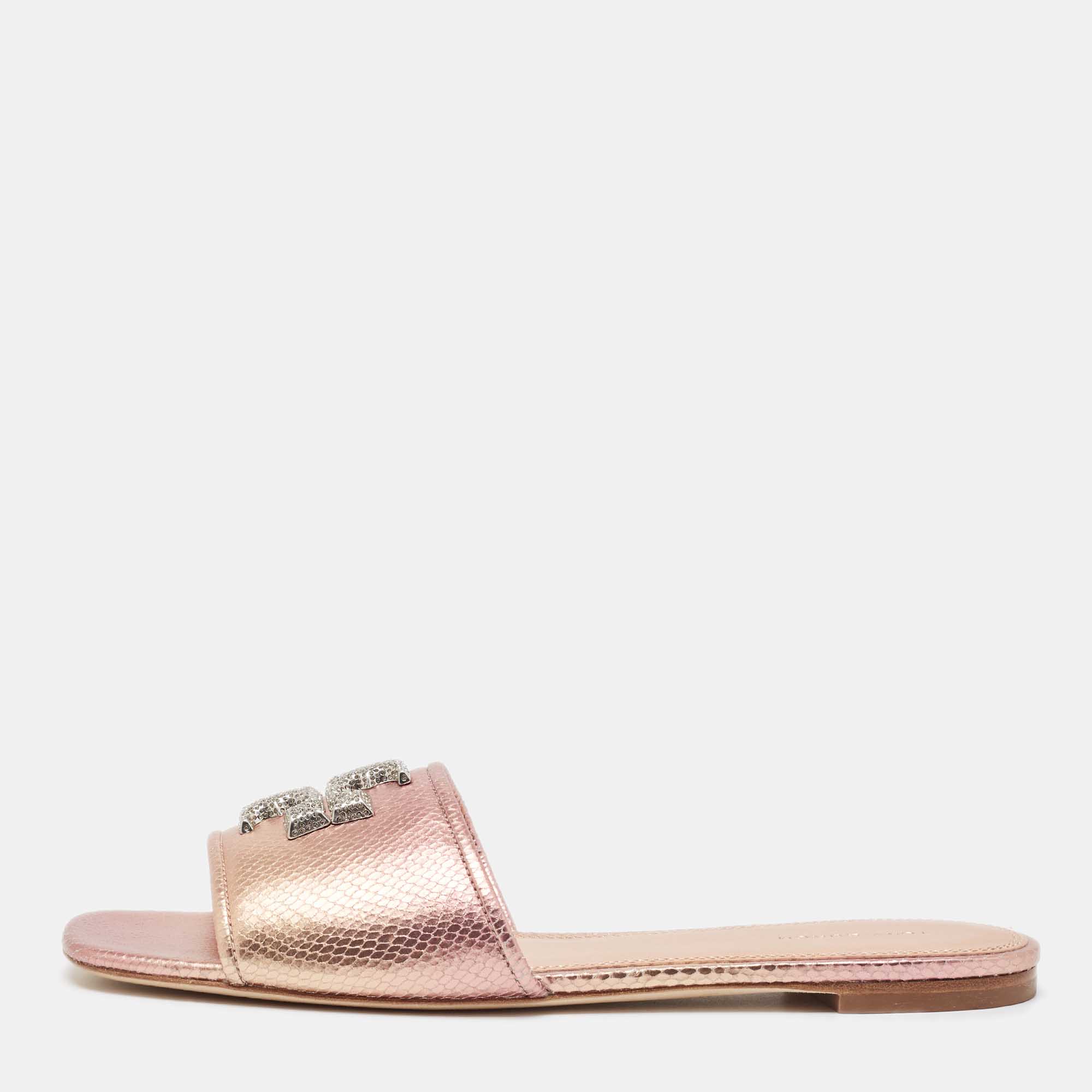 

Tory Burch Metallic Snakeskin Embossed Leather Eleanor Flat Slides Size