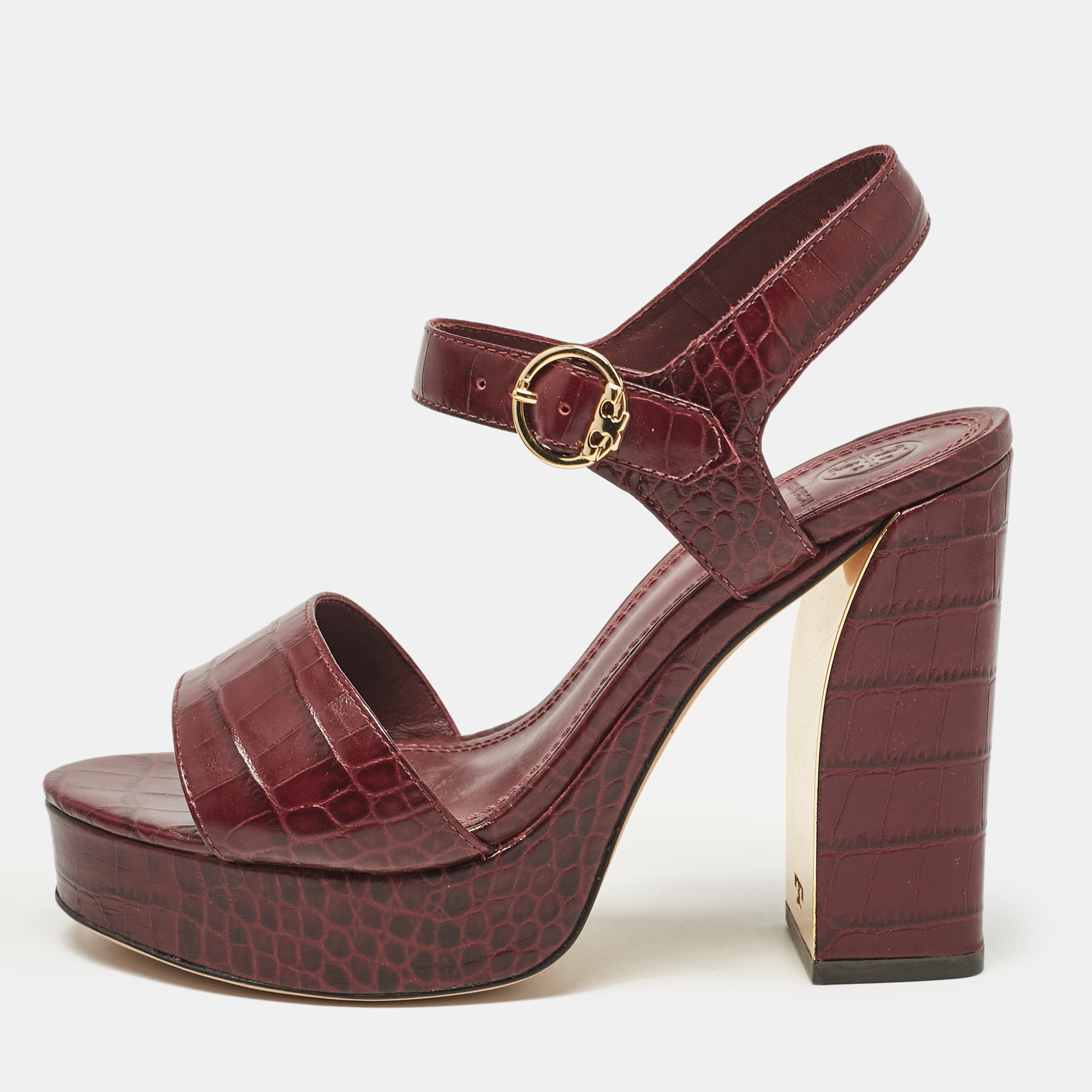 

Tory Burch Burgundy Embossed Crocodile Maritine Sandals Size 38