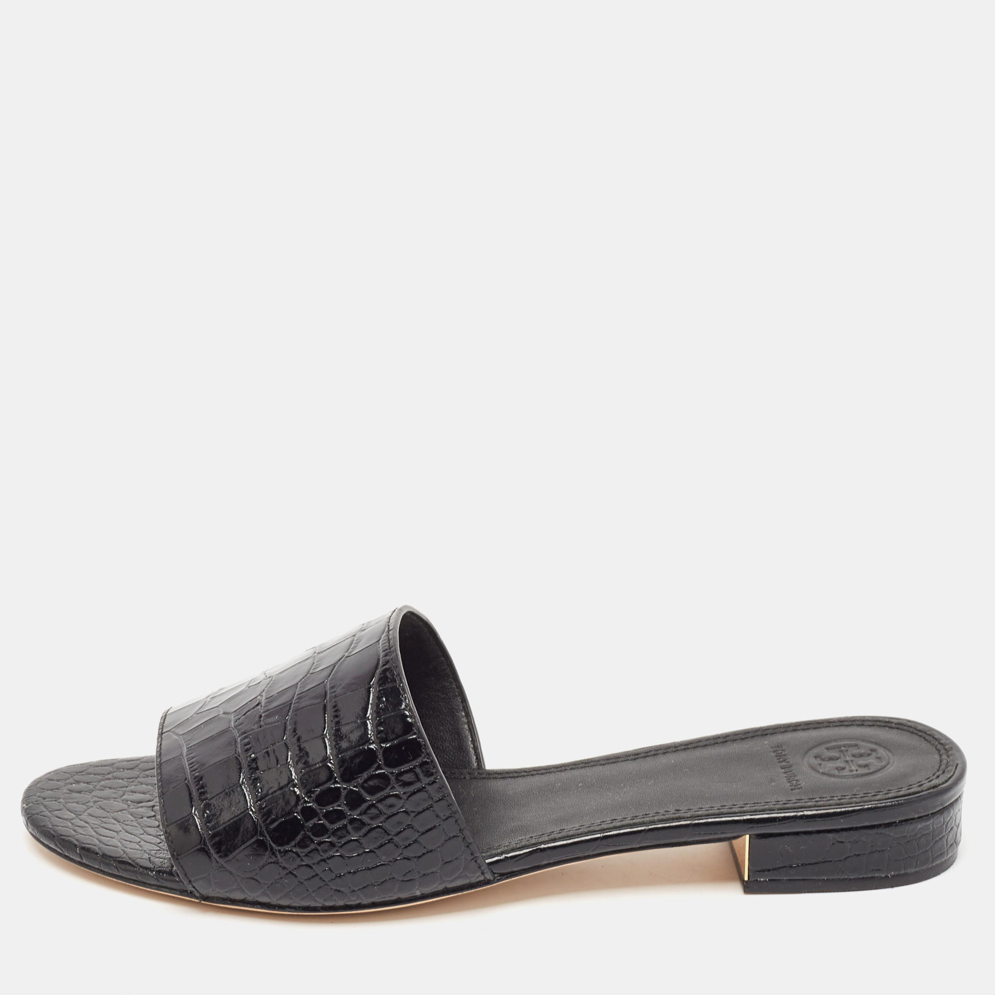 

Tory Burch Black Croc Embossed Leather Martine Flat Slides Size 39.5