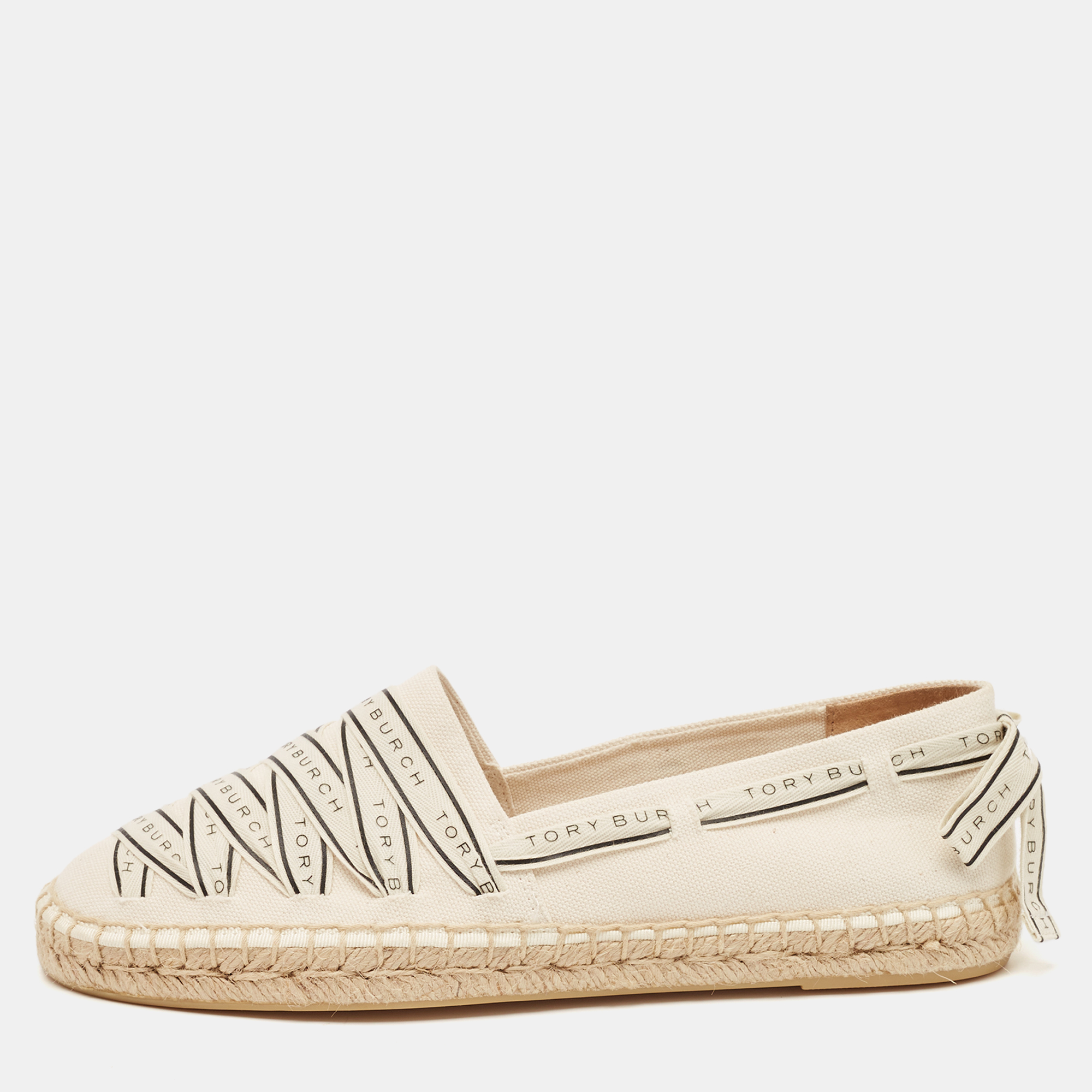 

Tory Burch Cream Canvas Logo Ribbon Espadrille Flats Size 38.5