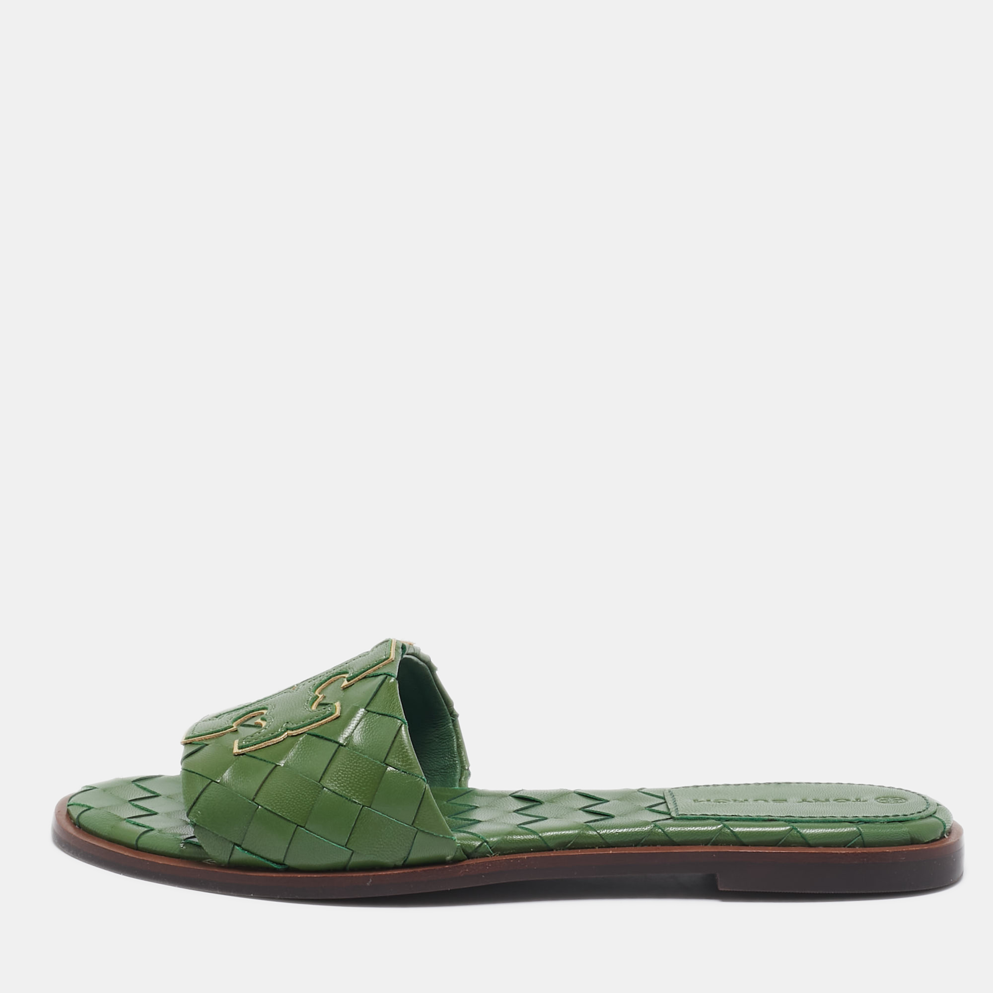 

Tory Burch Green Intrecciato Leather Ines Flat Slides Size 38.5