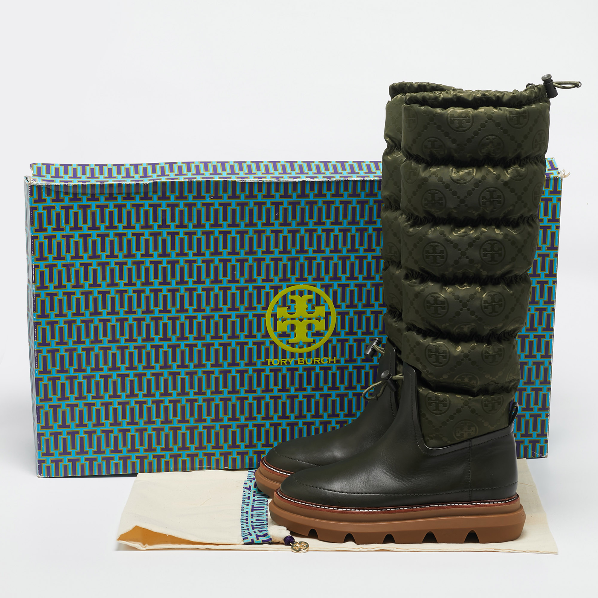 Tory Burch Green Leather and Nylon Leccio Snow Boots Size 39.5 
