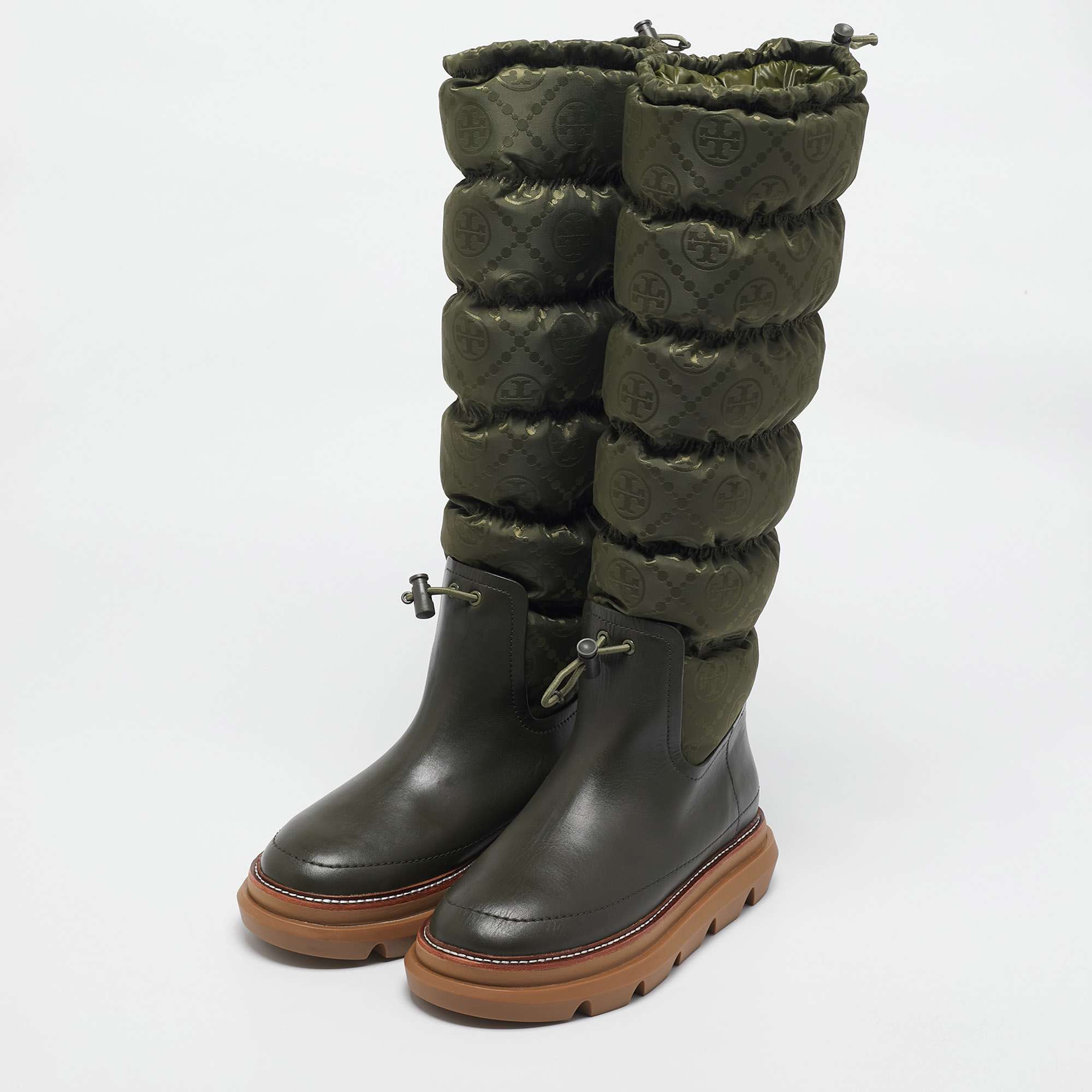 Tory Burch Green Leather and Nylon Leccio Snow Boots Size 39.5 
