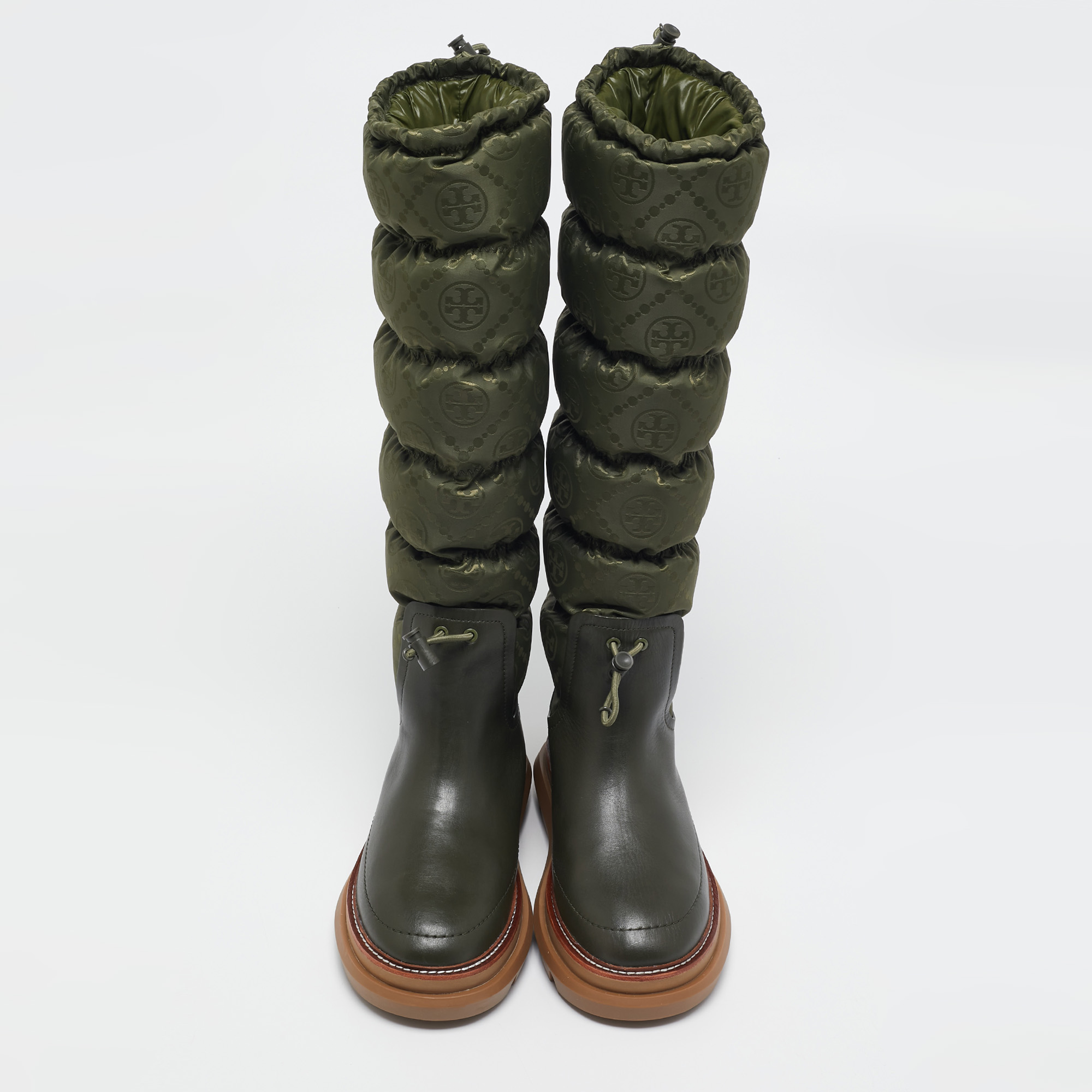 Tory Burch Green Leather and Nylon Leccio Snow Boots Size 39.5 