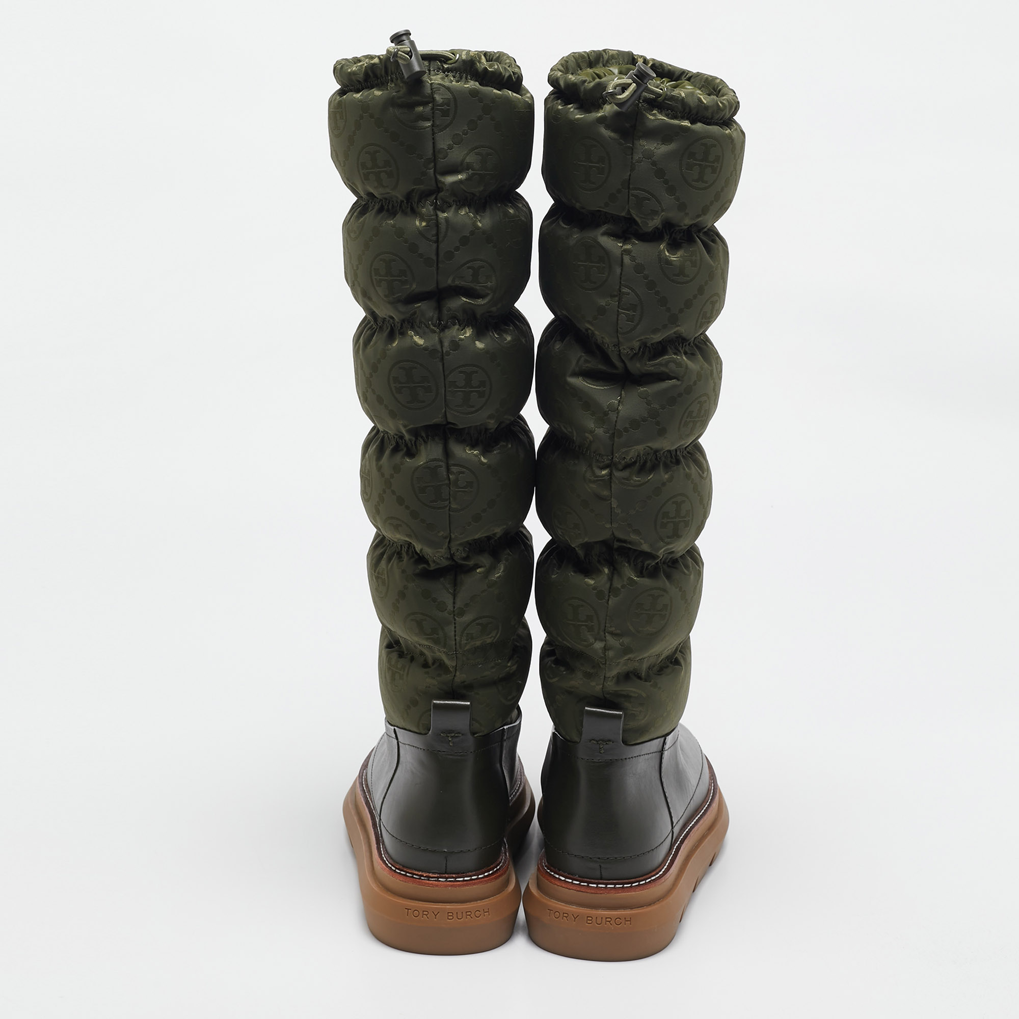 Tory Burch Green Leather and Nylon Leccio Snow Boots Size 39.5 