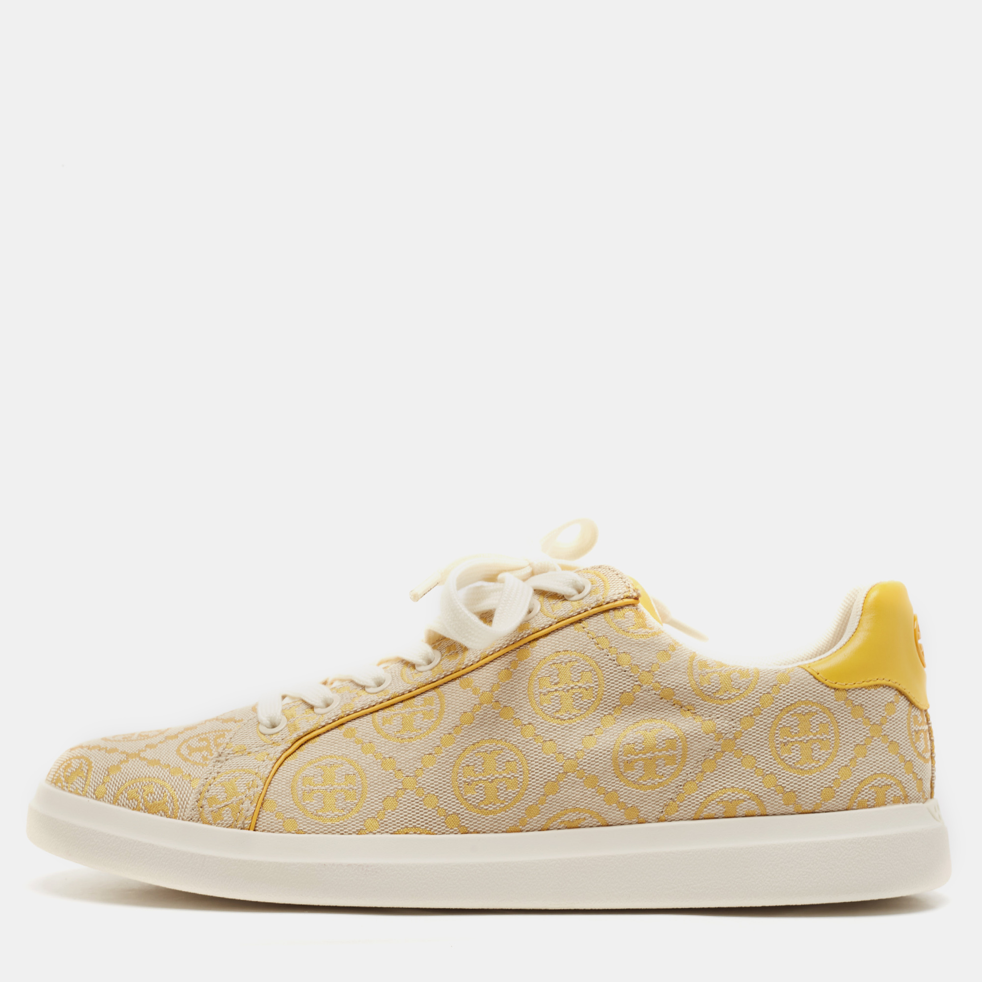 

Tory Burch Yellow Jacquard and Leather T Monogram Lace Up Sneakers Size 40.5