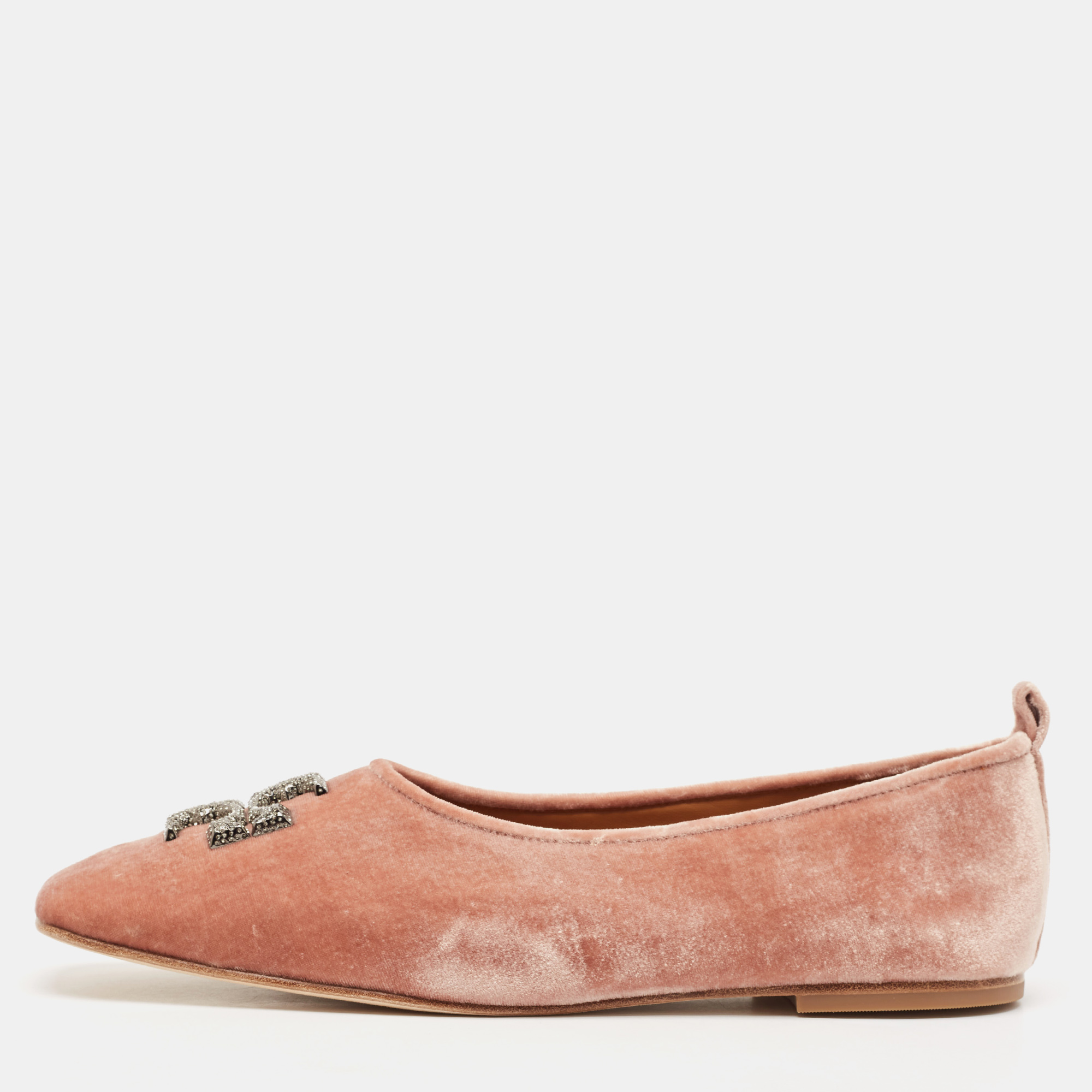 

Tory Burch Peach Pink Velvet Eleanor Crystal Ballet Flats Size 41