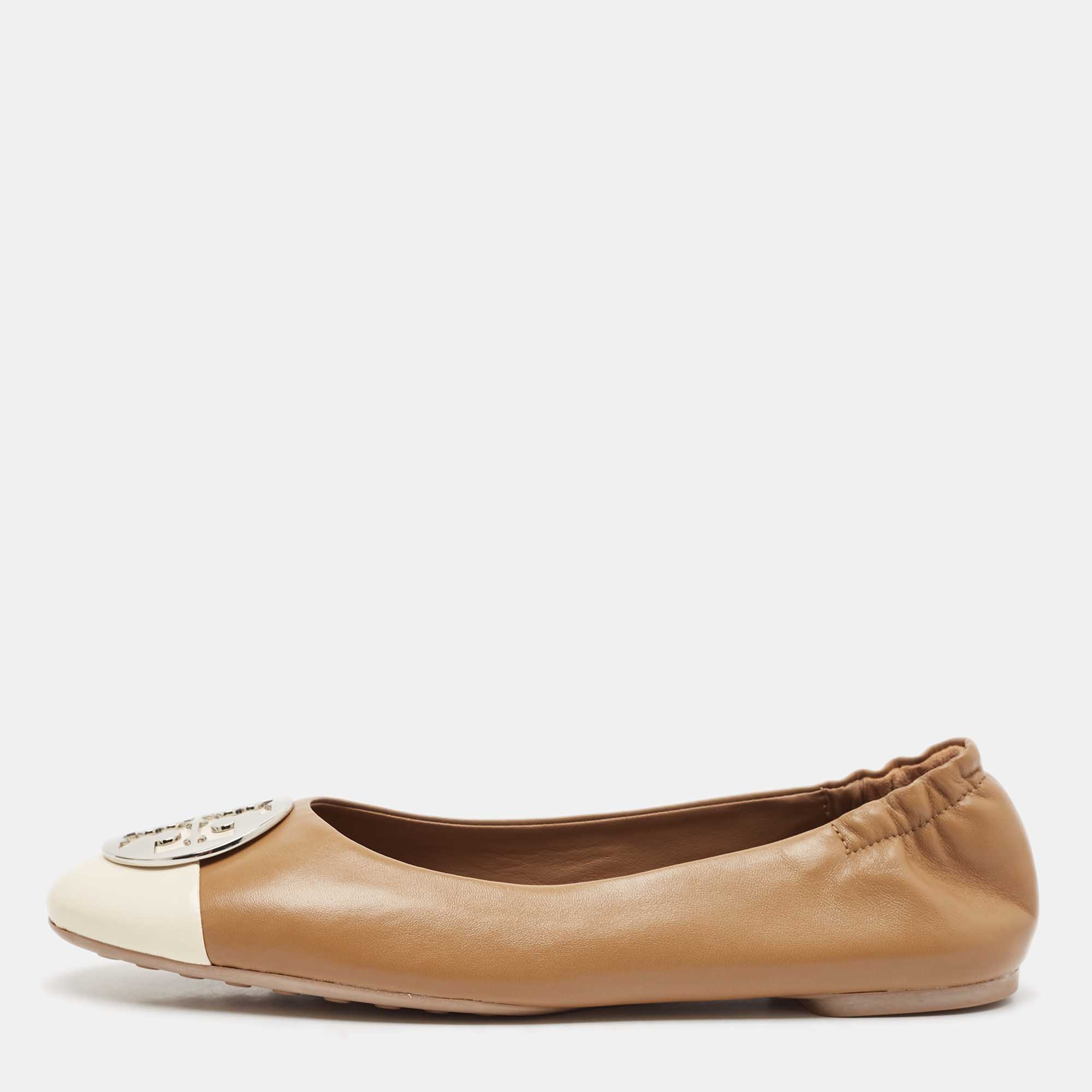 

Tory Burch Brown/Cream Leather Claire Cap Toe Ballet Flats Size 40.5