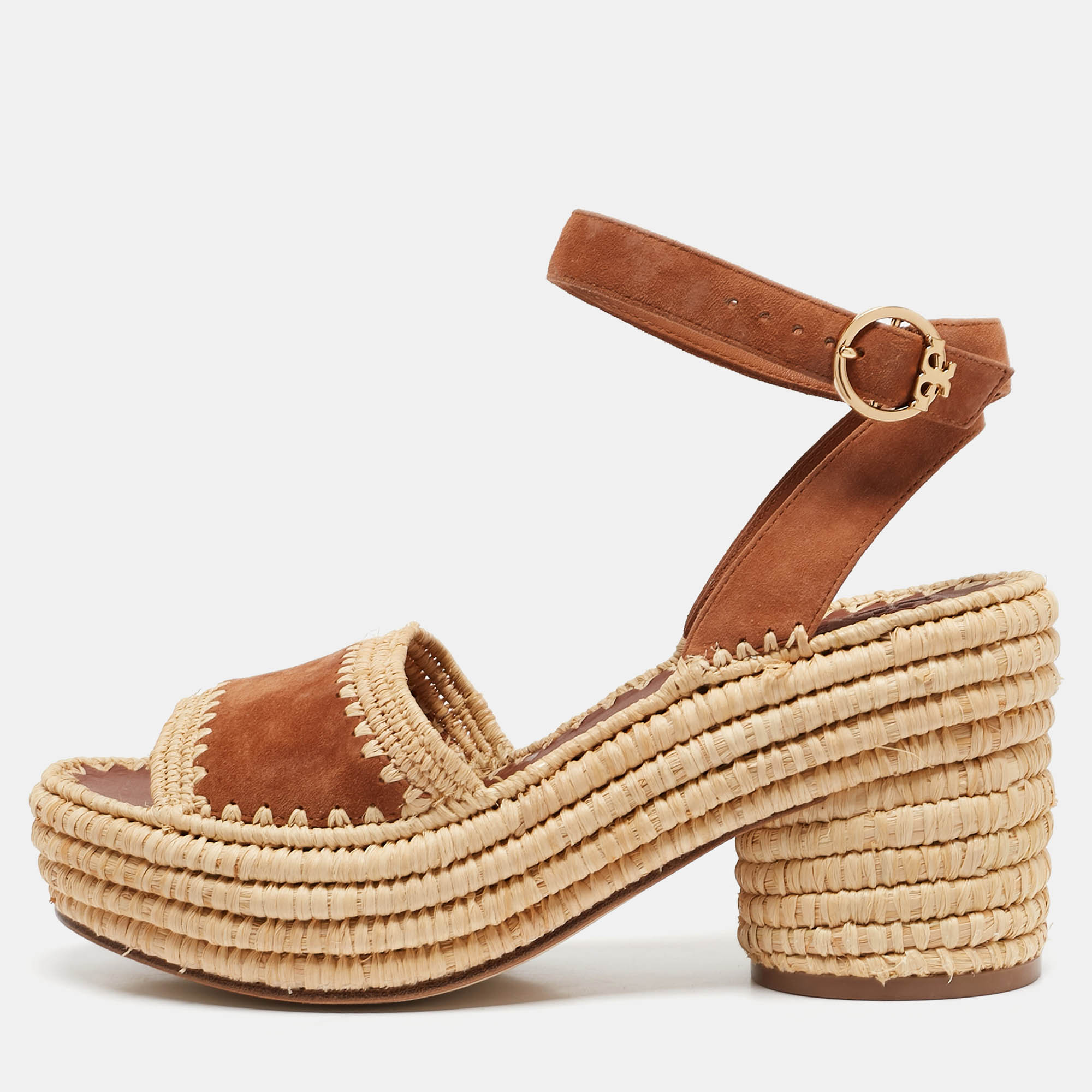 

Tory Burch Brown/Beige Suede and Straw Arianne Platform Sandals Size 38.5