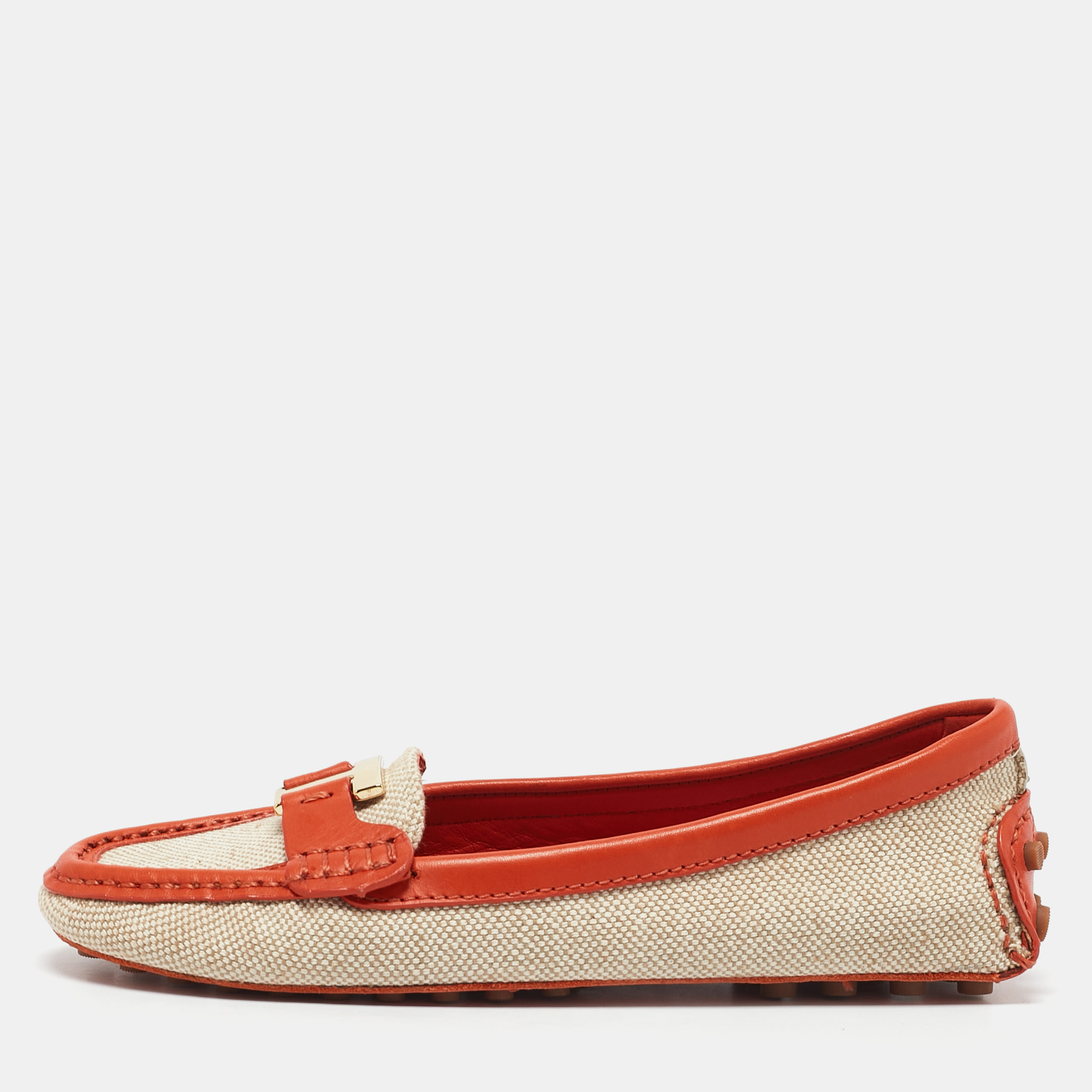Pre-owned Tory Burch Beige/orange Canvas And Leather Casey Loafers Size 35.5