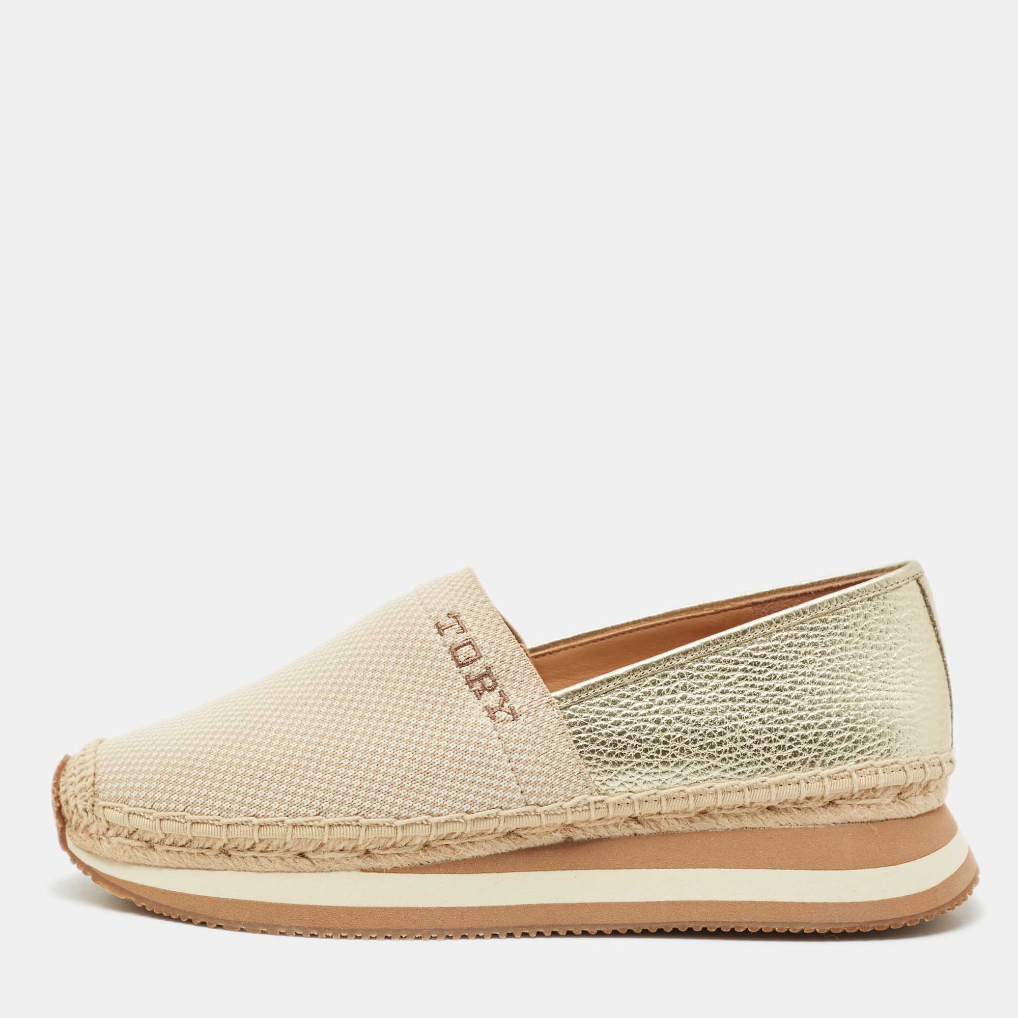 

Tory Burch Gold/Beige Knit Fabric Daisy Espadrille Slip On Sneakers Size 39
