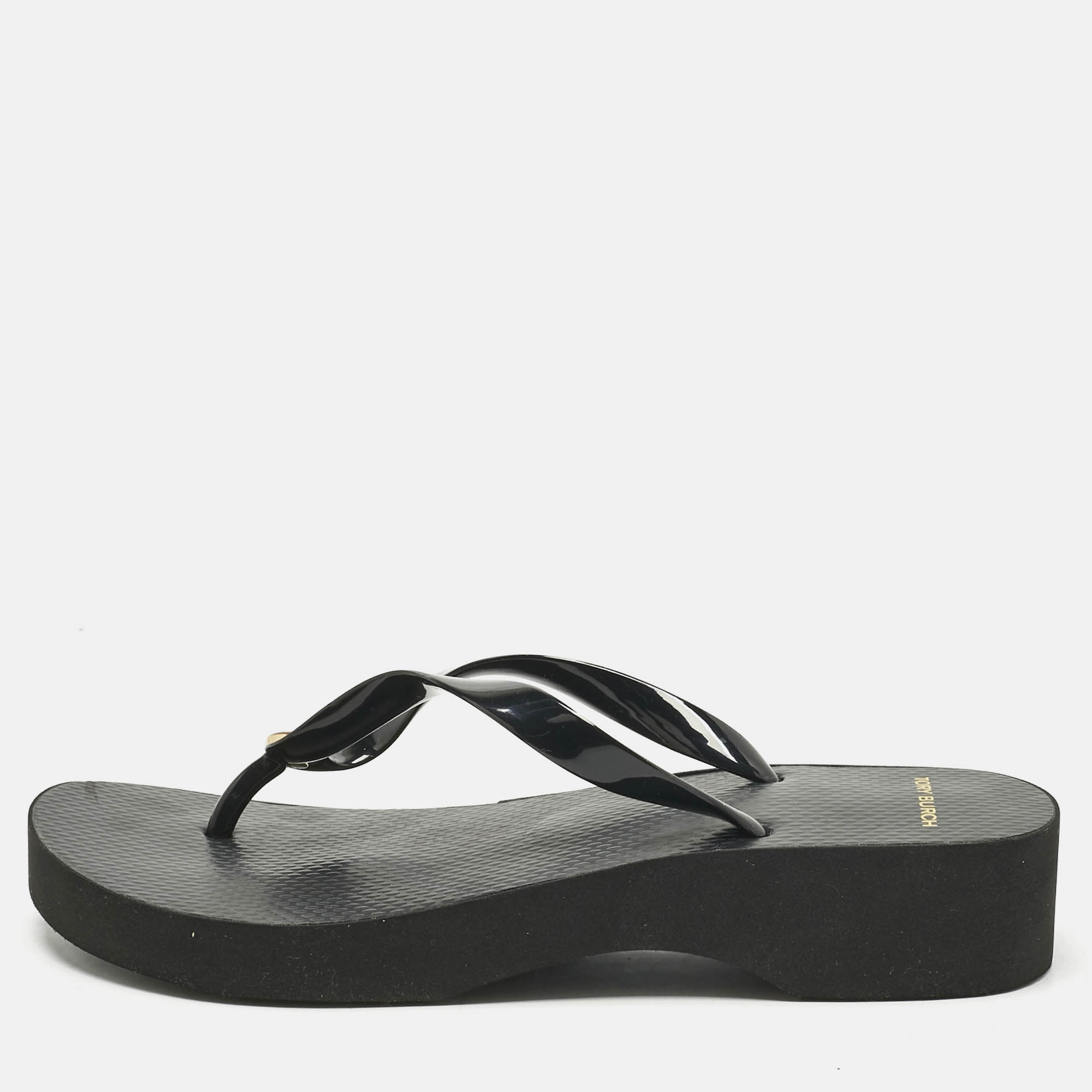 Pre-owned Tory Burch Black Rubber Cut-out Wedge Flip Flops Size 40